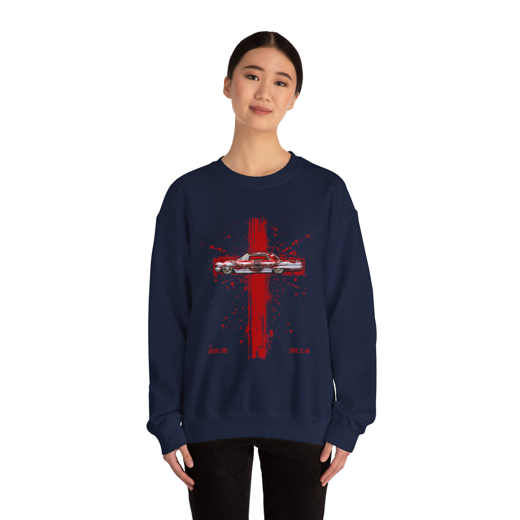 Red Cross - Jesus Car Sweatshirt, Unisex Crewneck, John 3:16, Christian Clothing, Christian Gift, Casual Wear, Faith-Based Apparel