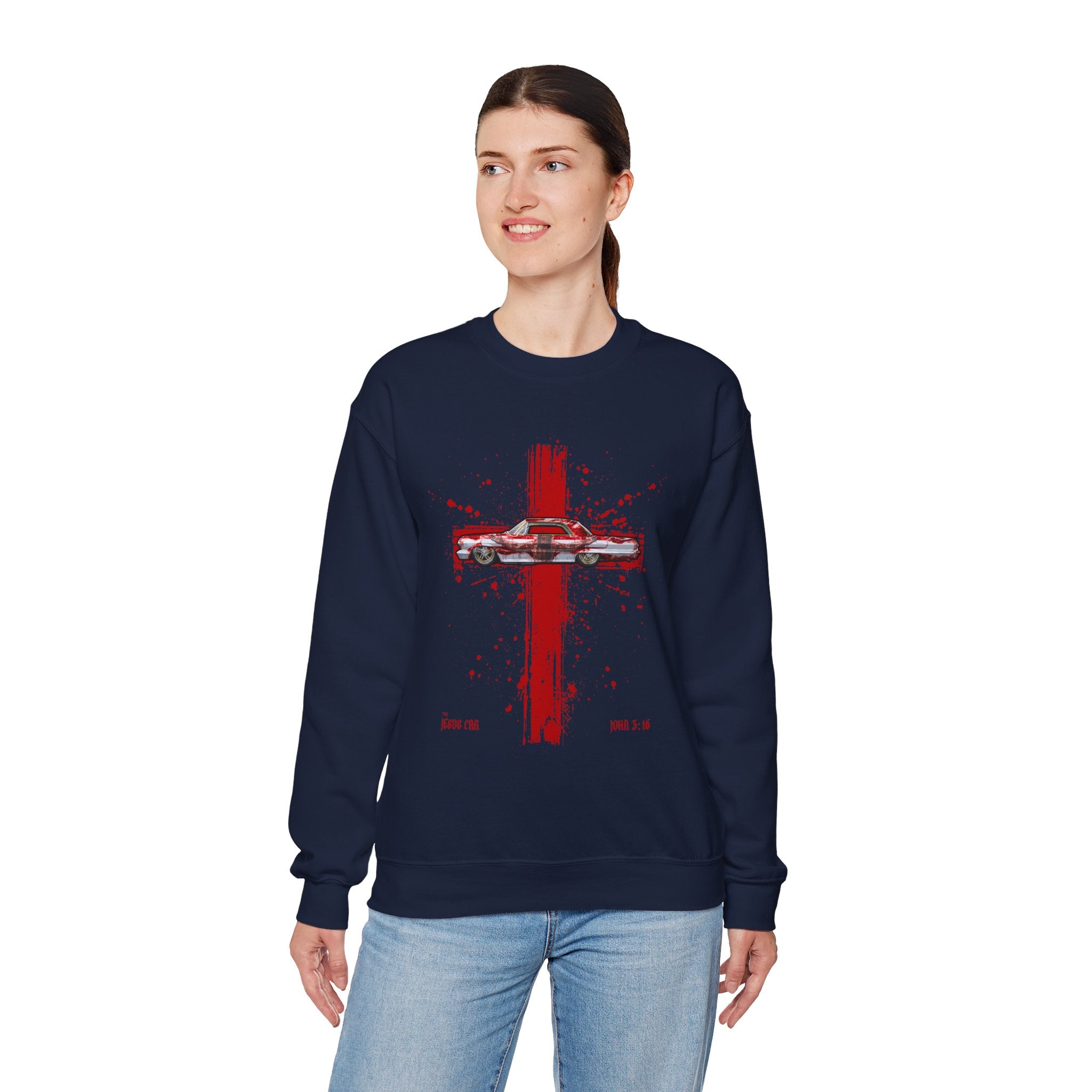 Red Cross - Jesus Car Sweatshirt, Unisex Crewneck, John 3:16, Christian Clothing, Christian Gift, Casual Wear, Faith-Based Apparel