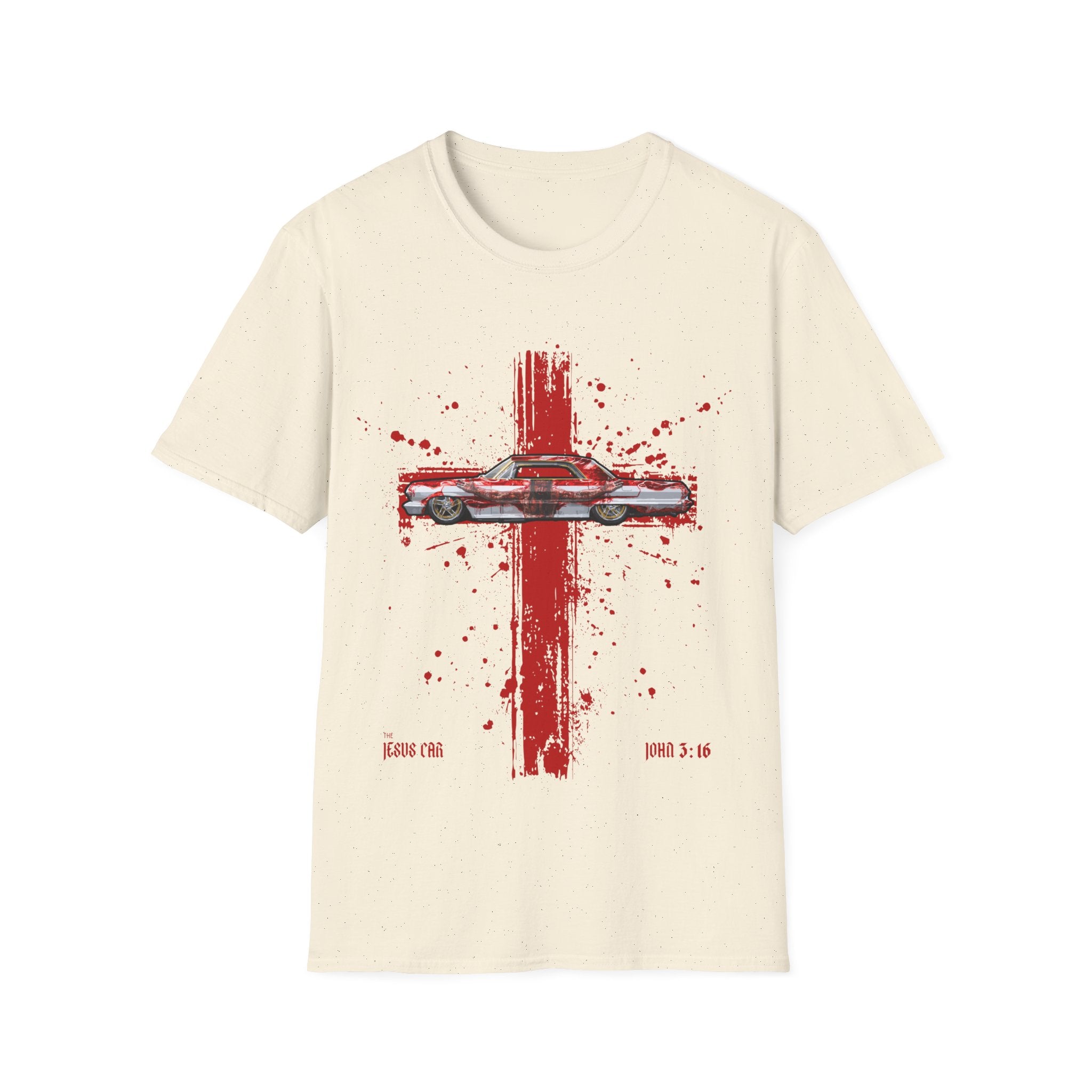 Red Cross Adult T-Shirt | Jesus Car, John 3:16, Christian Clothing, Gift for Car Lovers, Faith-Based Apparel, Jesus