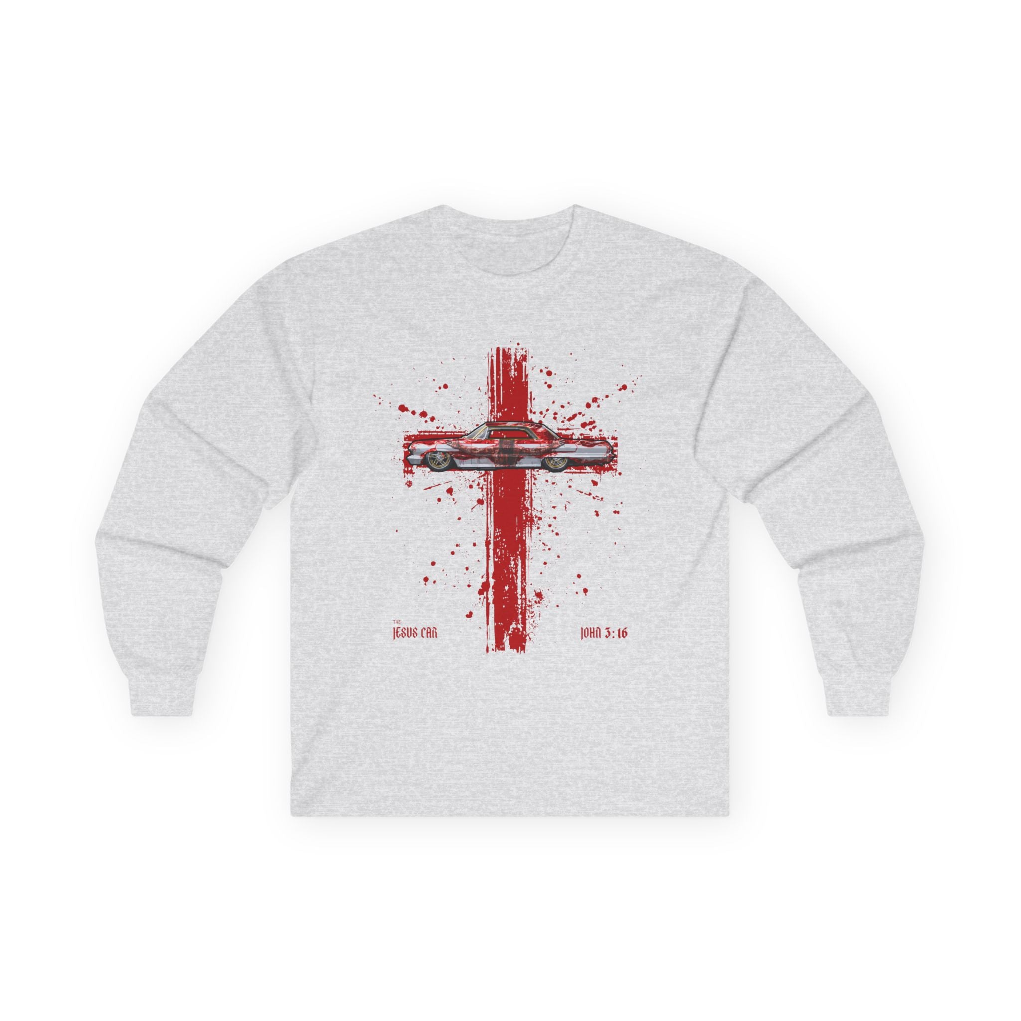 Red Cross - Jesus Car Long Sleeve Tee, John 3:16, Christian Clothing, Faith Apparel, Religious Gift