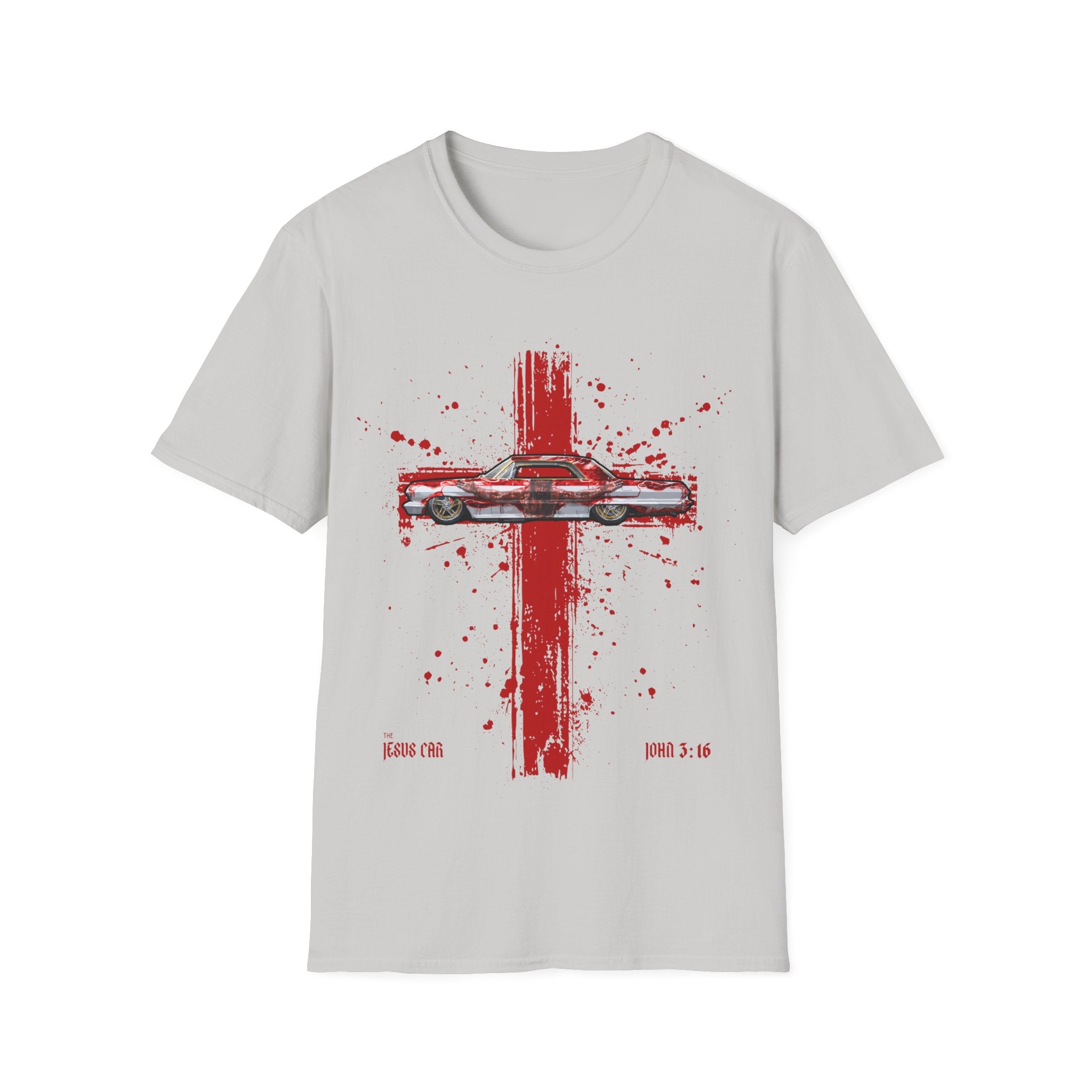 Red Cross Adult T-Shirt | Jesus Car, John 3:16, Christian Clothing, Gift for Car Lovers, Faith-Based Apparel, Jesus