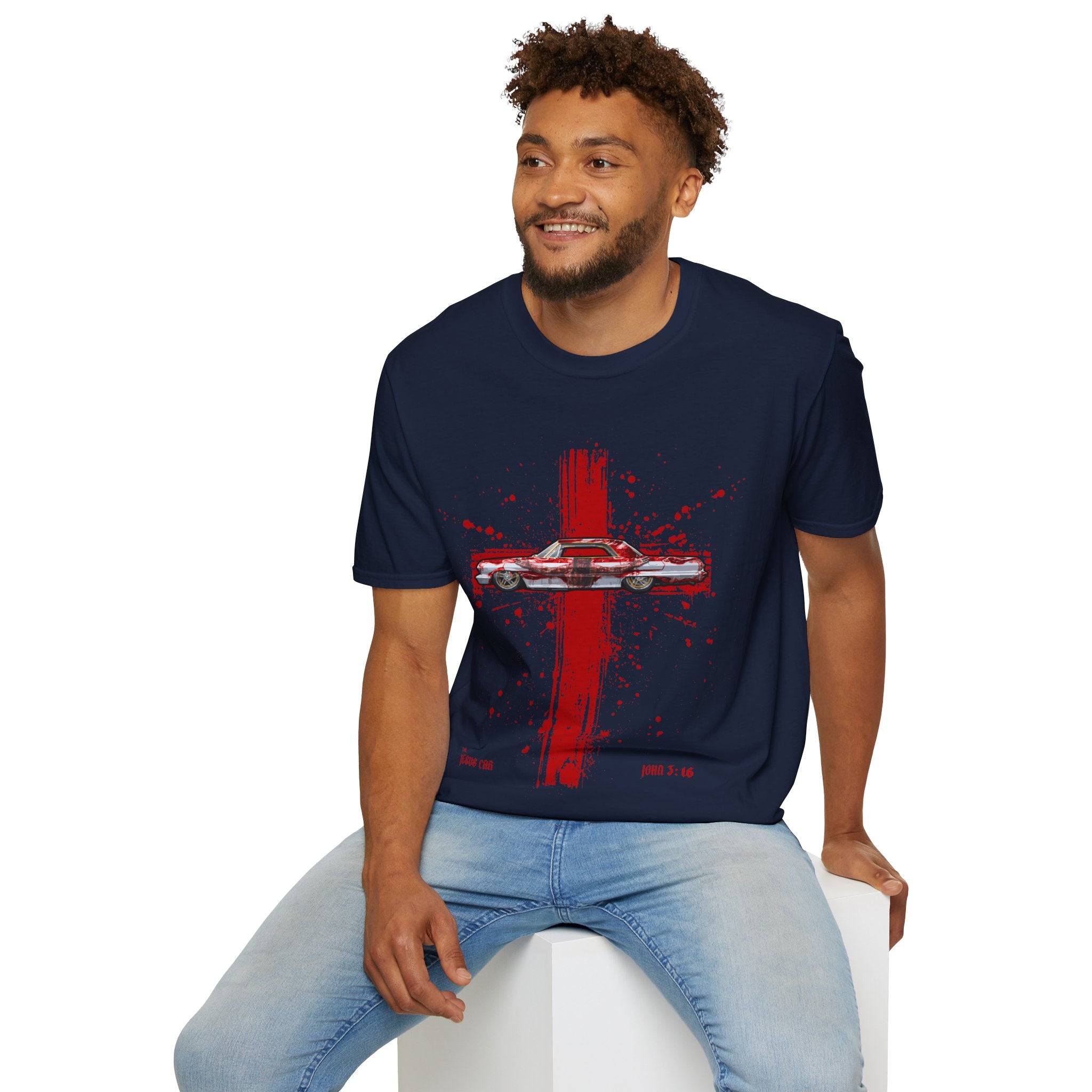 Red Cross Adult T-Shirt | Jesus Car, John 3:16, Christian Clothing, Gift for Car Lovers, Faith-Based Apparel, Jesus