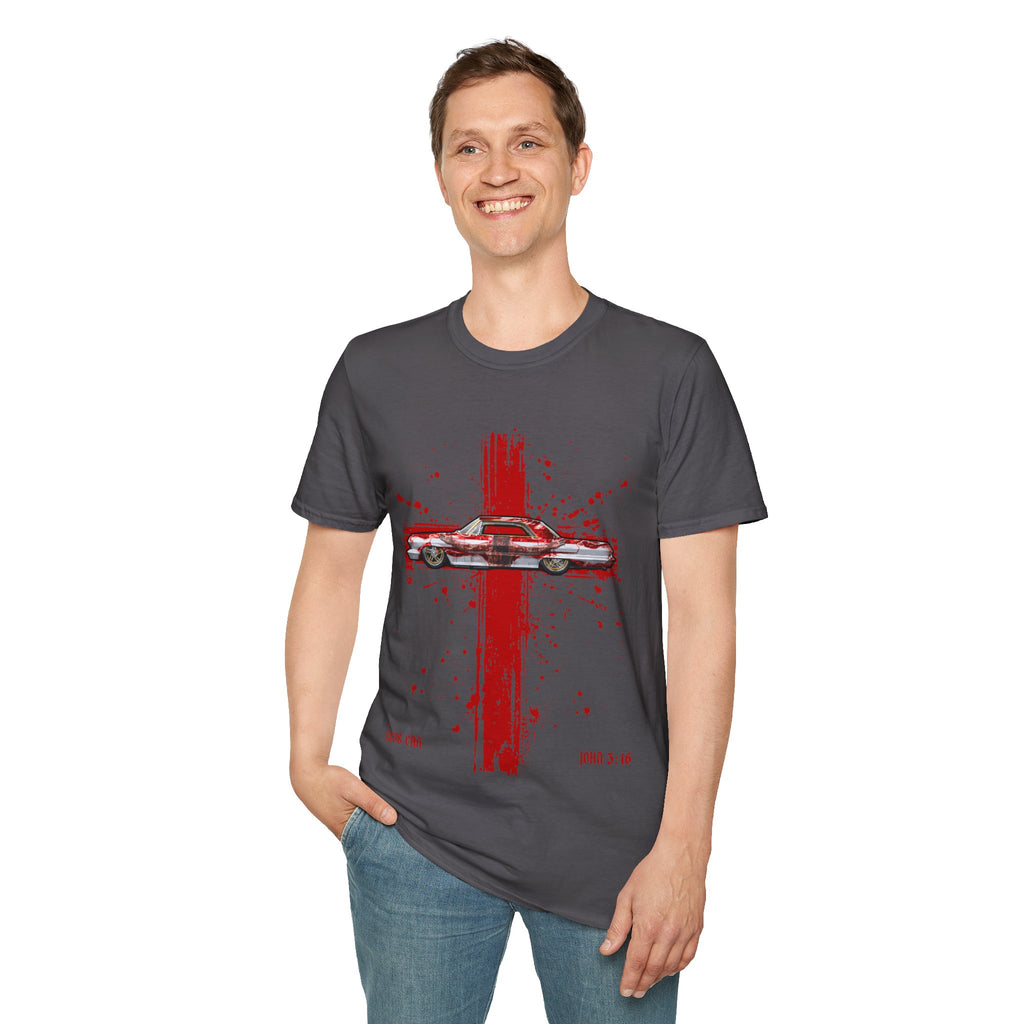 Red Cross Adult T-Shirt | Jesus Car, John 3:16, Christian Clothing, Gift for Car Lovers, Faith-Based Apparel, Jesus
