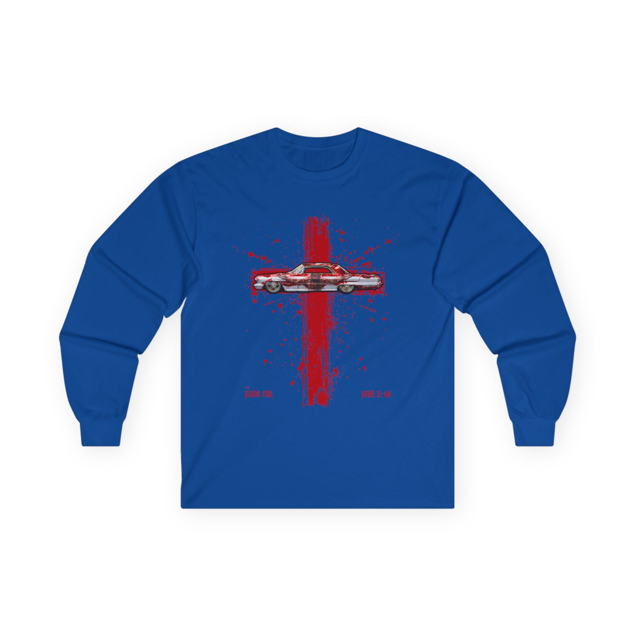Red Cross - Jesus Car Long Sleeve Tee, John 3:16, Christian Clothing, Faith Apparel, Religious Gift