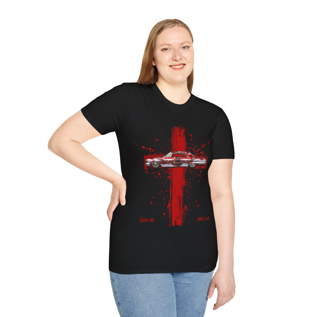 Red Cross Adult T-Shirt | Jesus Car, John 3:16, Christian Clothing, Gift for Car Lovers, Faith-Based Apparel, Jesus