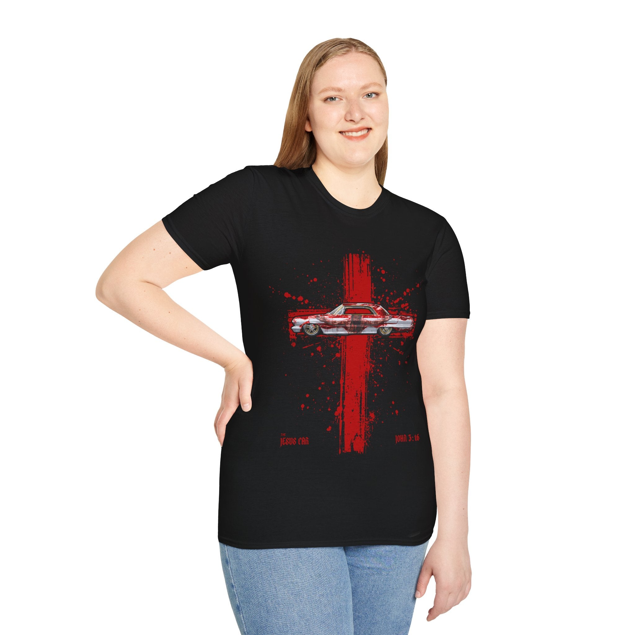 Red Cross Adult T-Shirt | Jesus Car, John 3:16, Christian Clothing, Gift for Car Lovers, Faith-Based Apparel, Jesus