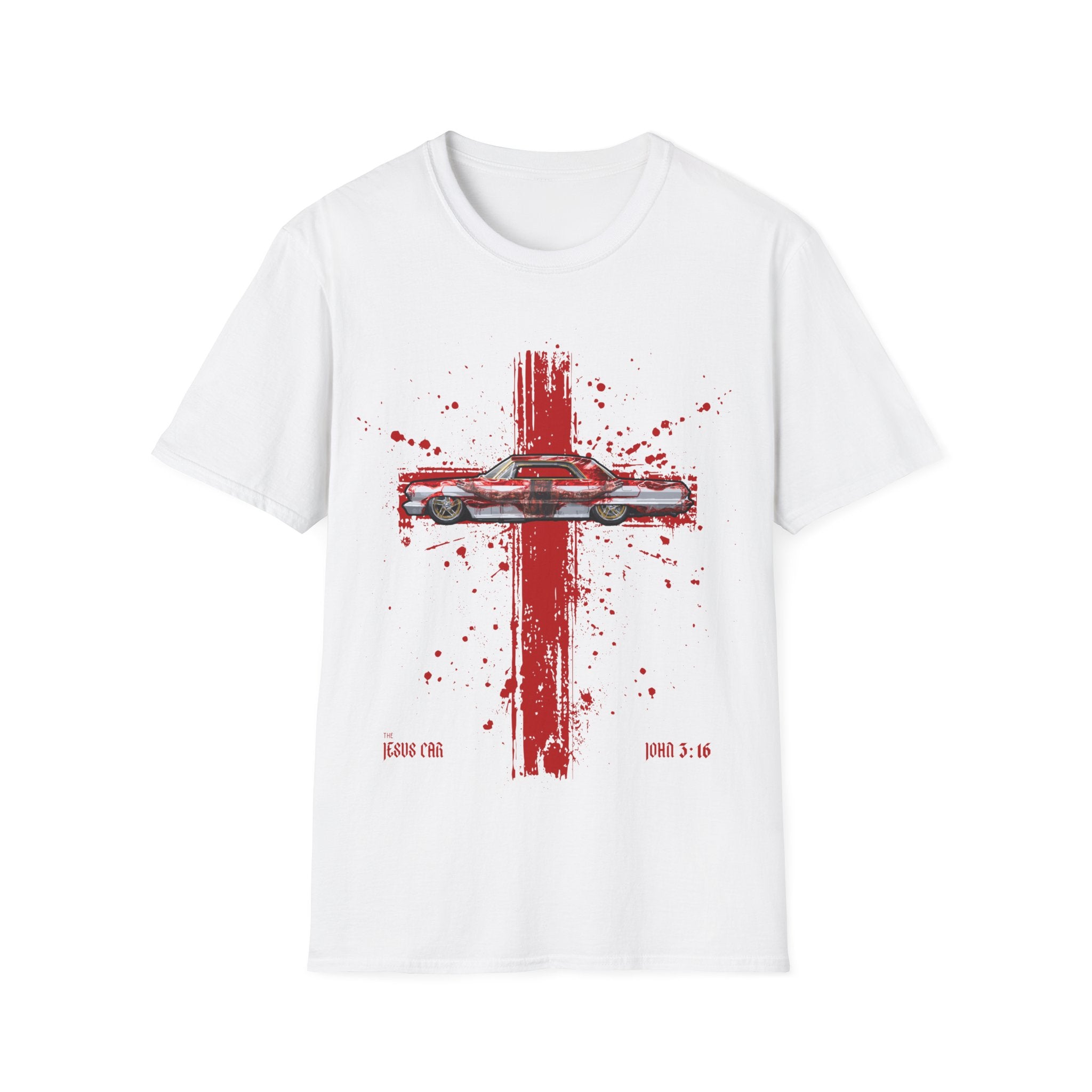 Red Cross Adult T-Shirt | Jesus Car, John 3:16, Christian Clothing, Gift for Car Lovers, Faith-Based Apparel, Jesus