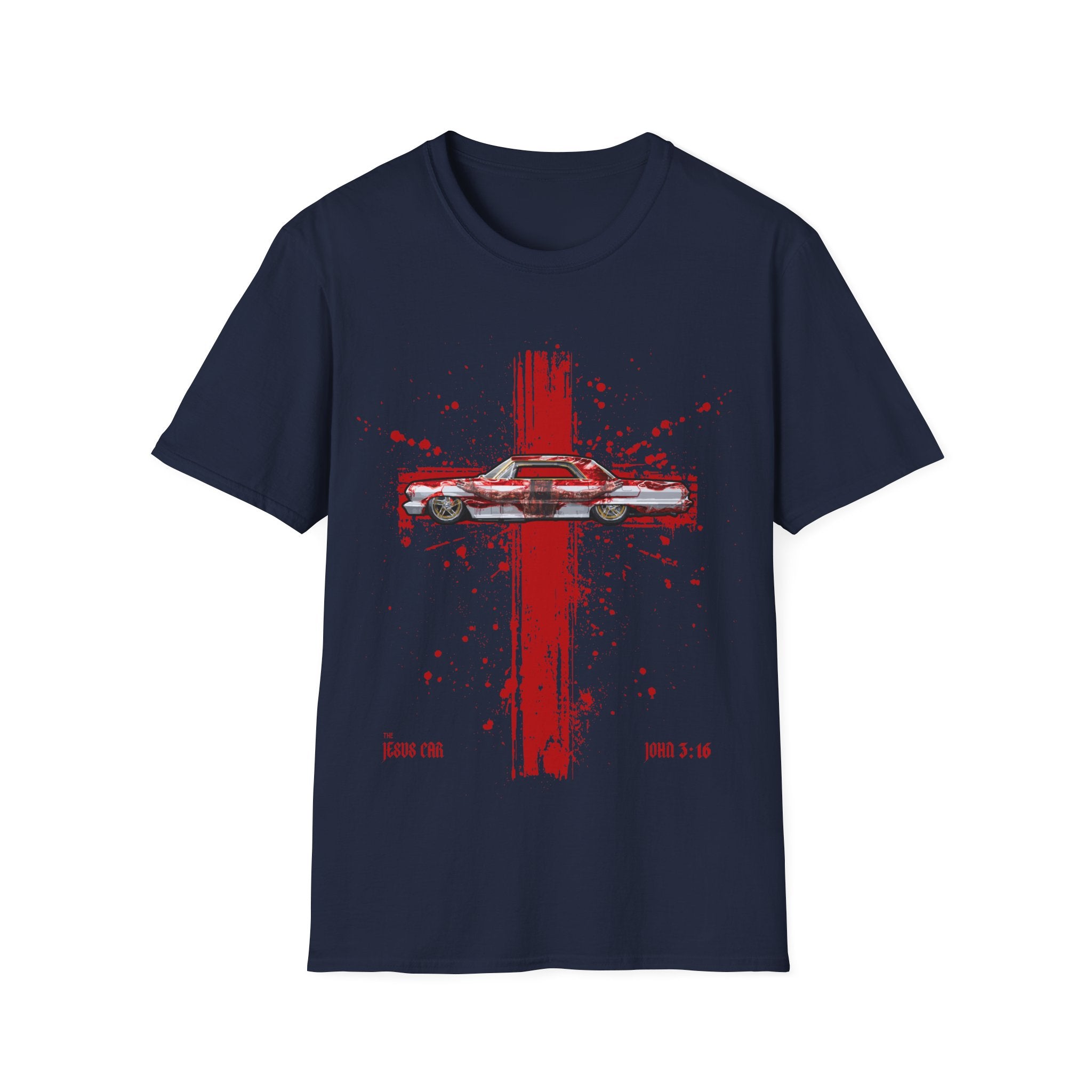 Red Cross Adult T-Shirt | Jesus Car, John 3:16, Christian Clothing, Gift for Car Lovers, Faith-Based Apparel, Jesus