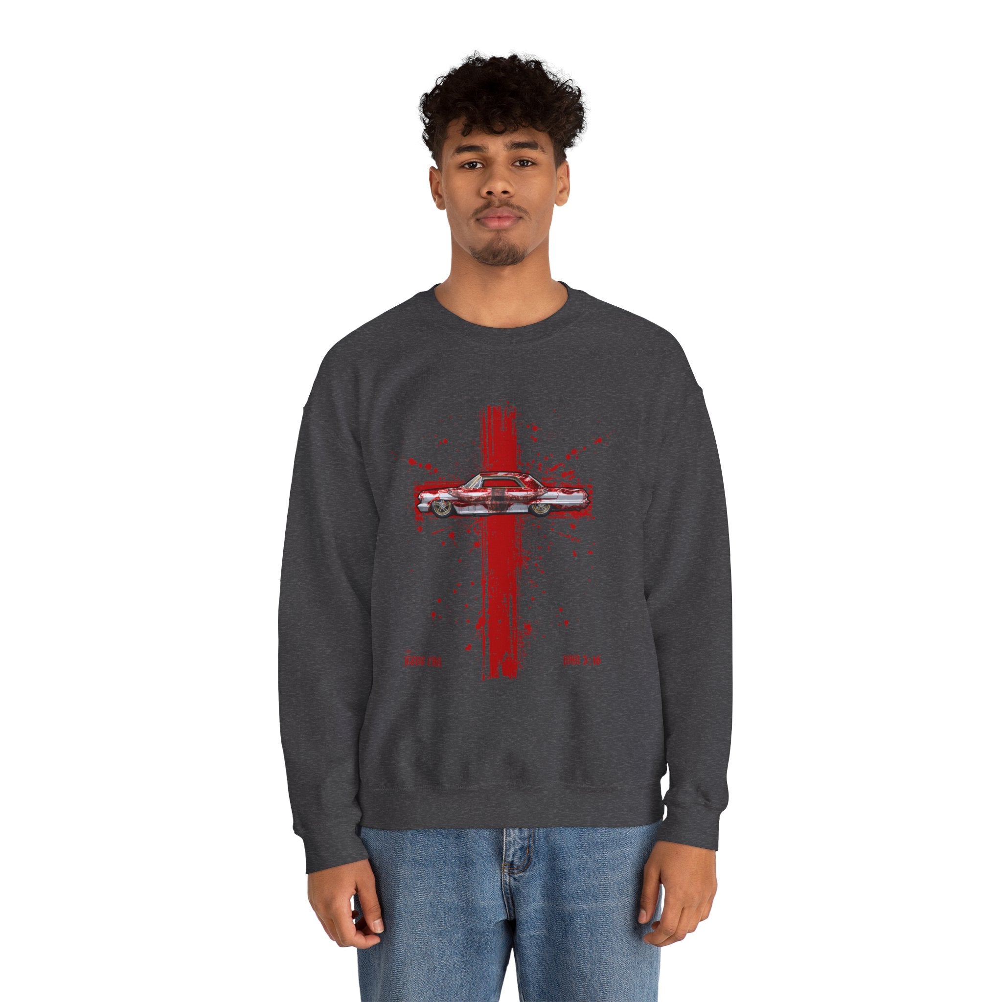 Red Cross - Jesus Car Sweatshirt, Unisex Crewneck, John 3:16, Christian Clothing, Christian Gift, Casual Wear, Faith-Based Apparel