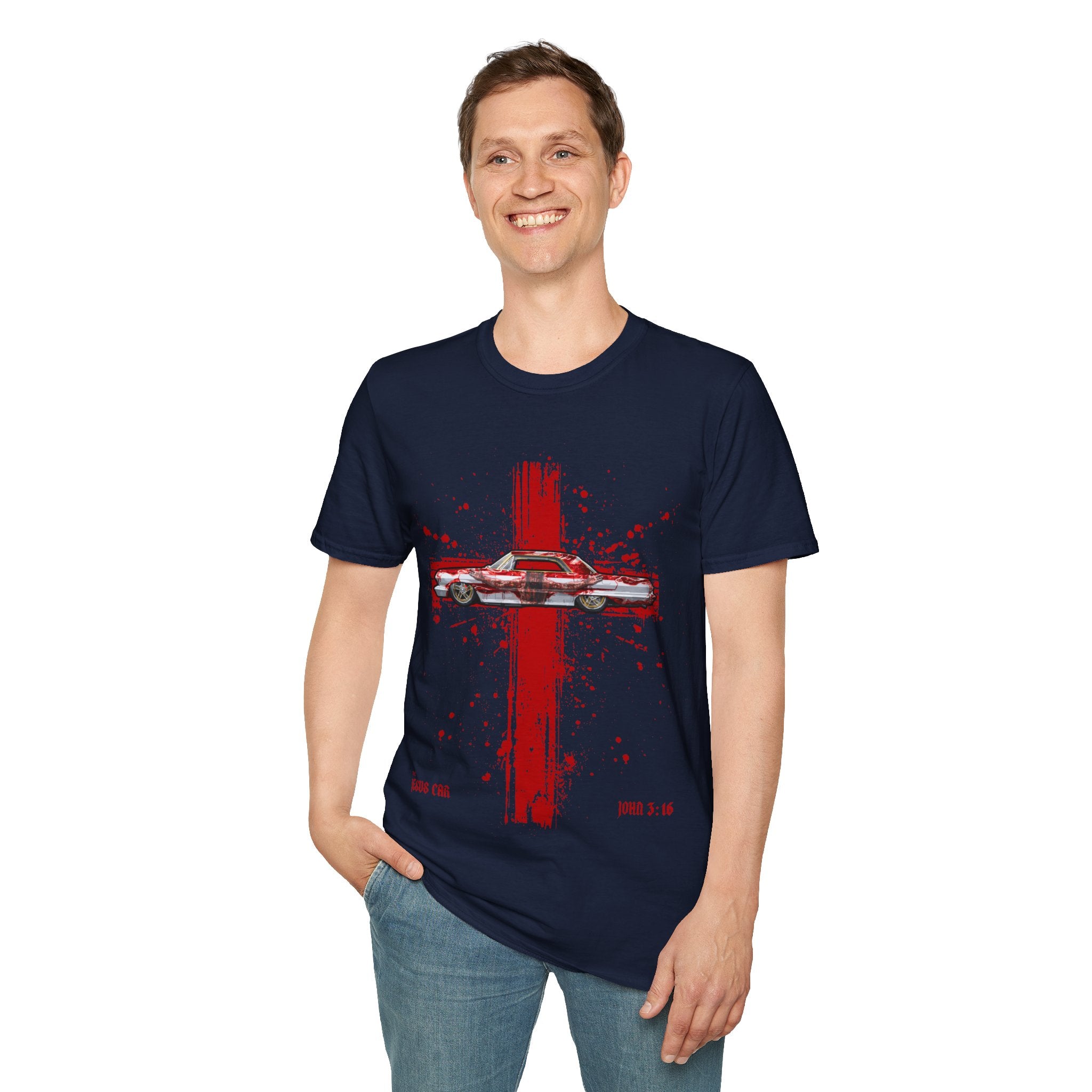 Red Cross Adult T-Shirt | Jesus Car, John 3:16, Christian Clothing, Gift for Car Lovers, Faith-Based Apparel, Jesus