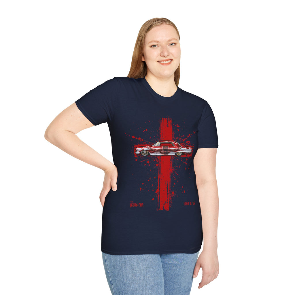 Red Cross Adult T-Shirt | Jesus Car, John 3:16, Christian Clothing, Gift for Car Lovers, Faith-Based Apparel, Jesus