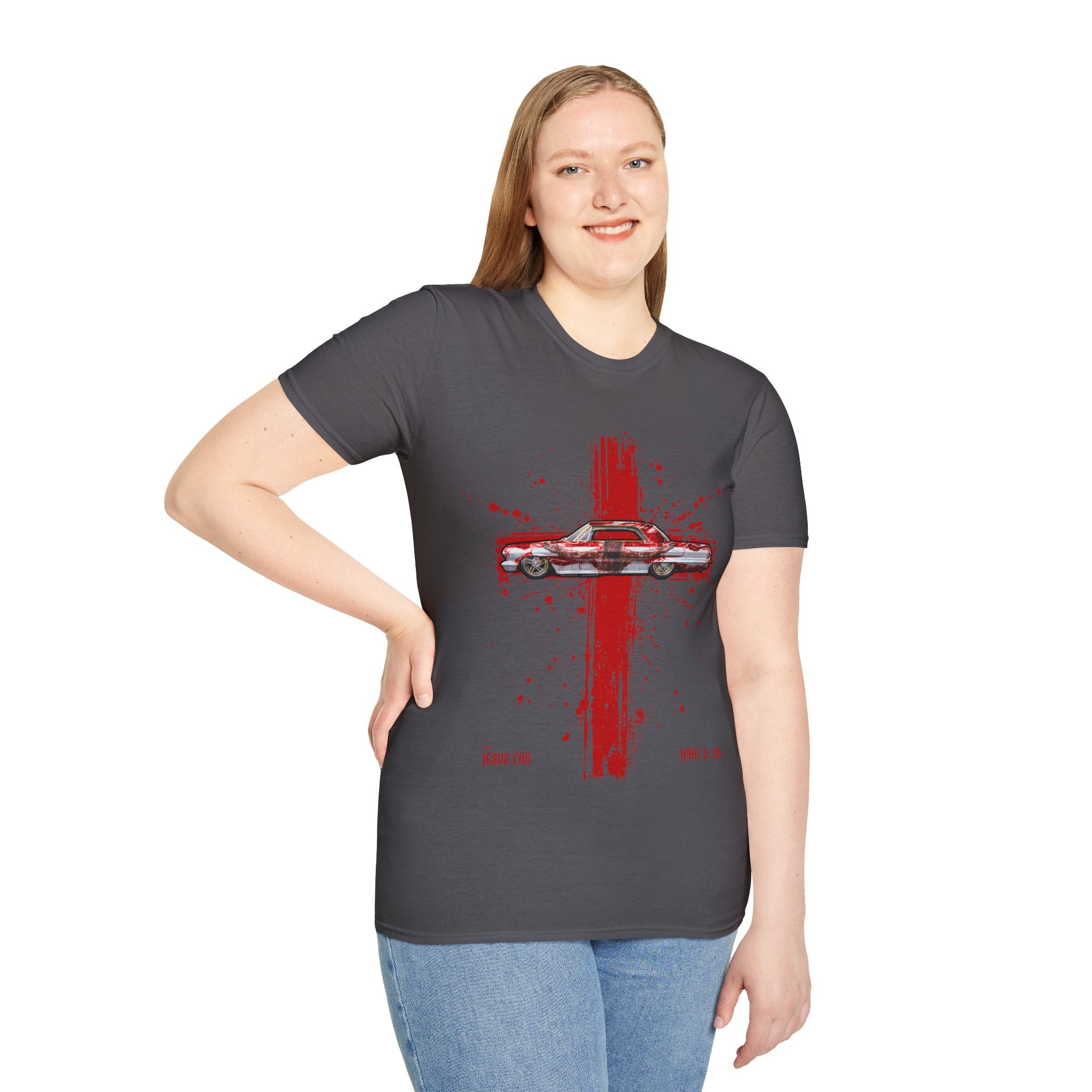 Red Cross Adult T-Shirt | Jesus Car, John 3:16, Christian Clothing, Gift for Car Lovers, Faith-Based Apparel, Jesus