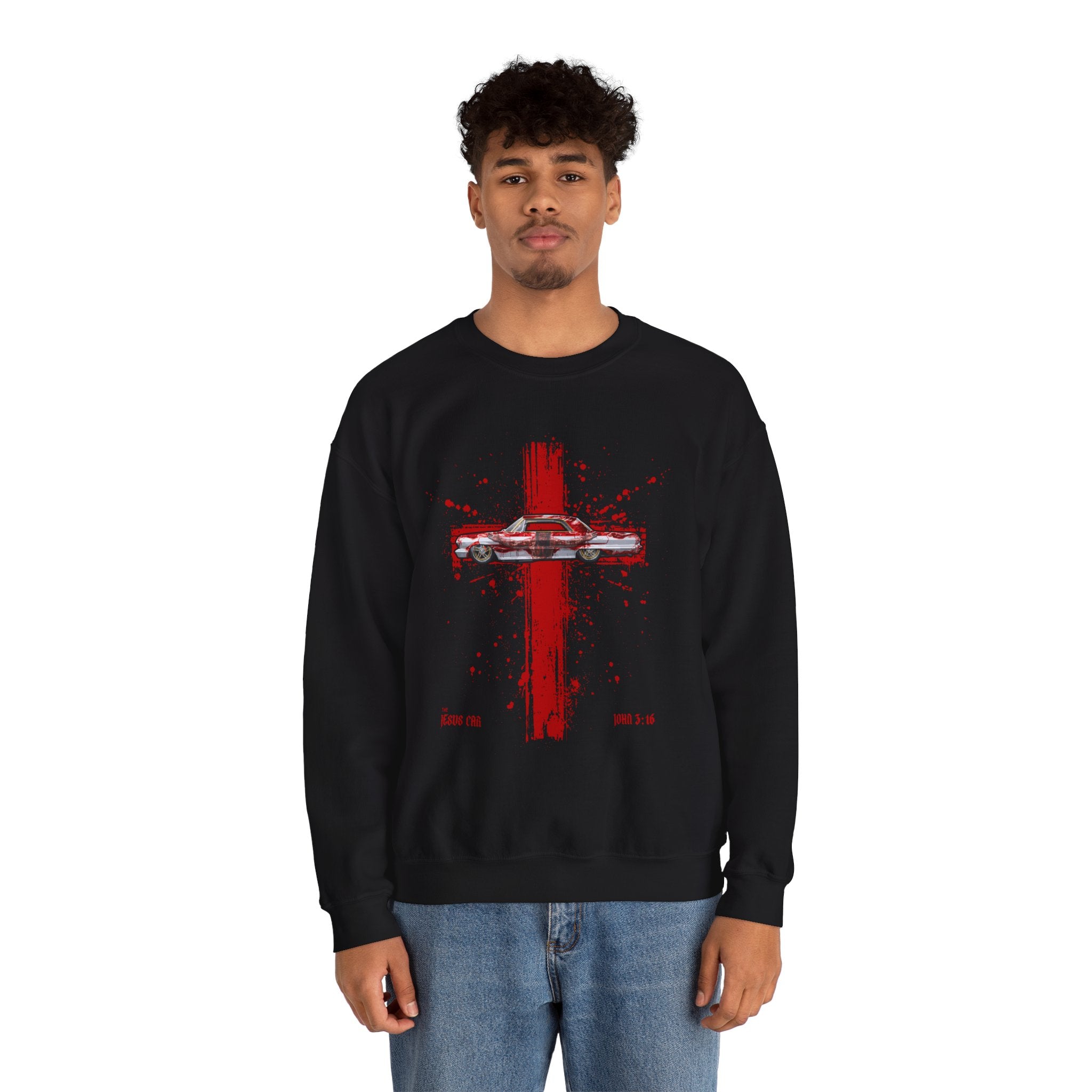 Red Cross - Jesus Car Sweatshirt, Unisex Crewneck, John 3:16, Christian Clothing, Christian Gift, Casual Wear, Faith-Based Apparel