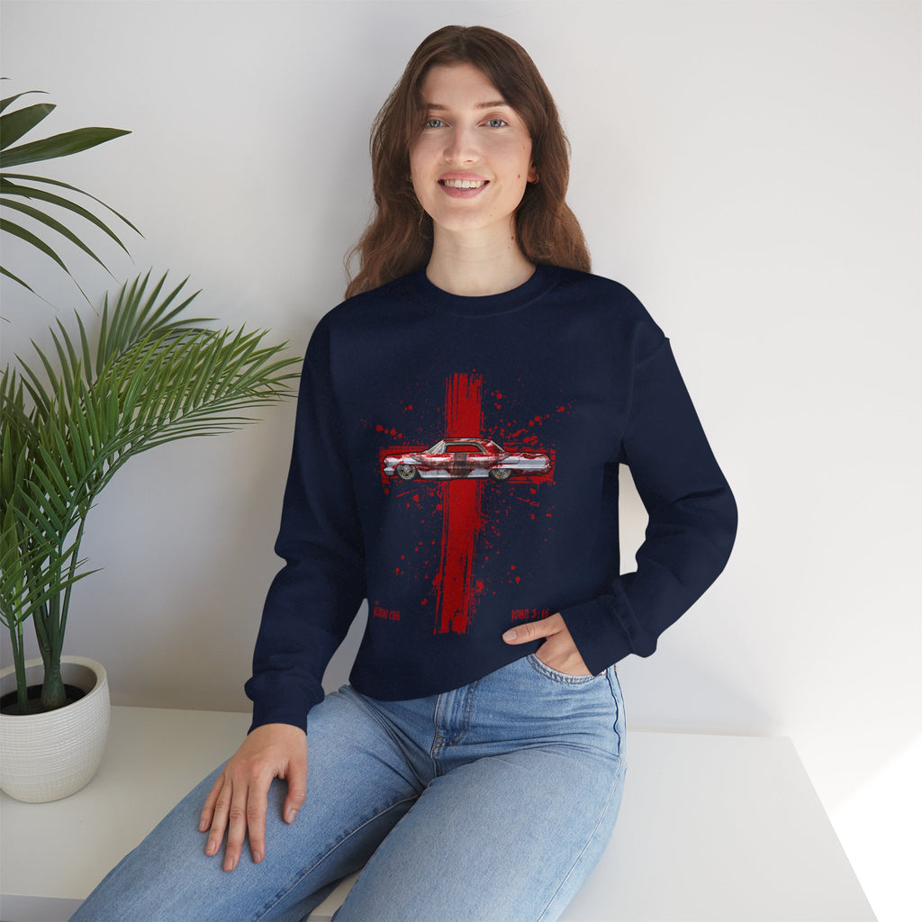 Red Cross - Jesus Car Sweatshirt, Unisex Crewneck, John 3:16, Christian Clothing, Christian Gift, Casual Wear, Faith-Based Apparel
