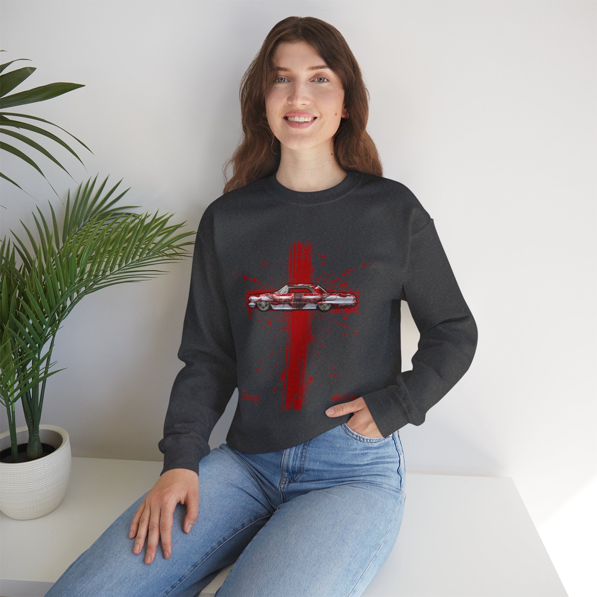 Red Cross - Jesus Car Sweatshirt, Unisex Crewneck, John 3:16, Christian Clothing, Christian Gift, Casual Wear, Faith-Based Apparel