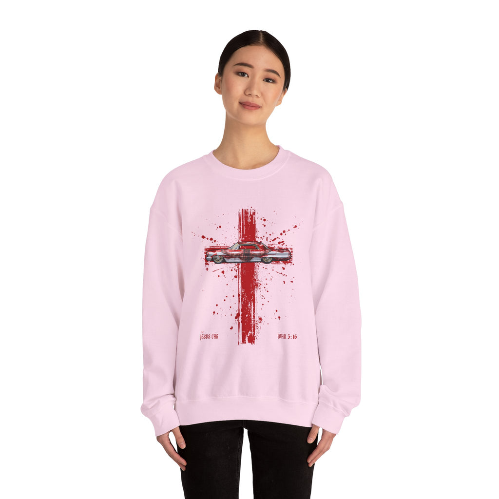 Red Cross - Jesus Car Sweatshirt, Unisex Crewneck, John 3:16, Christian Clothing, Christian Gift, Casual Wear, Faith-Based Apparel