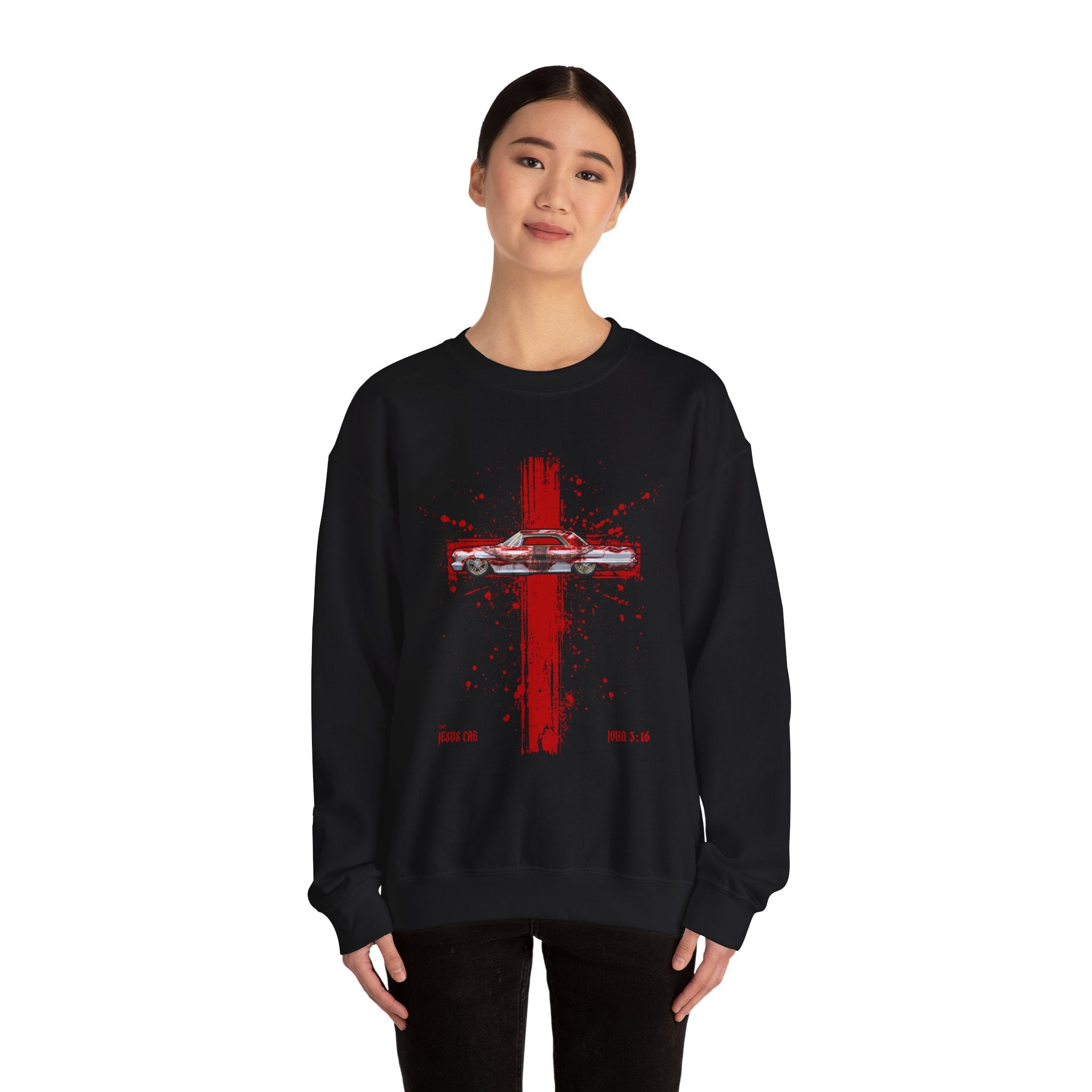 Red Cross - Jesus Car Sweatshirt, Unisex Crewneck, John 3:16, Christian Clothing, Christian Gift, Casual Wear, Faith-Based Apparel