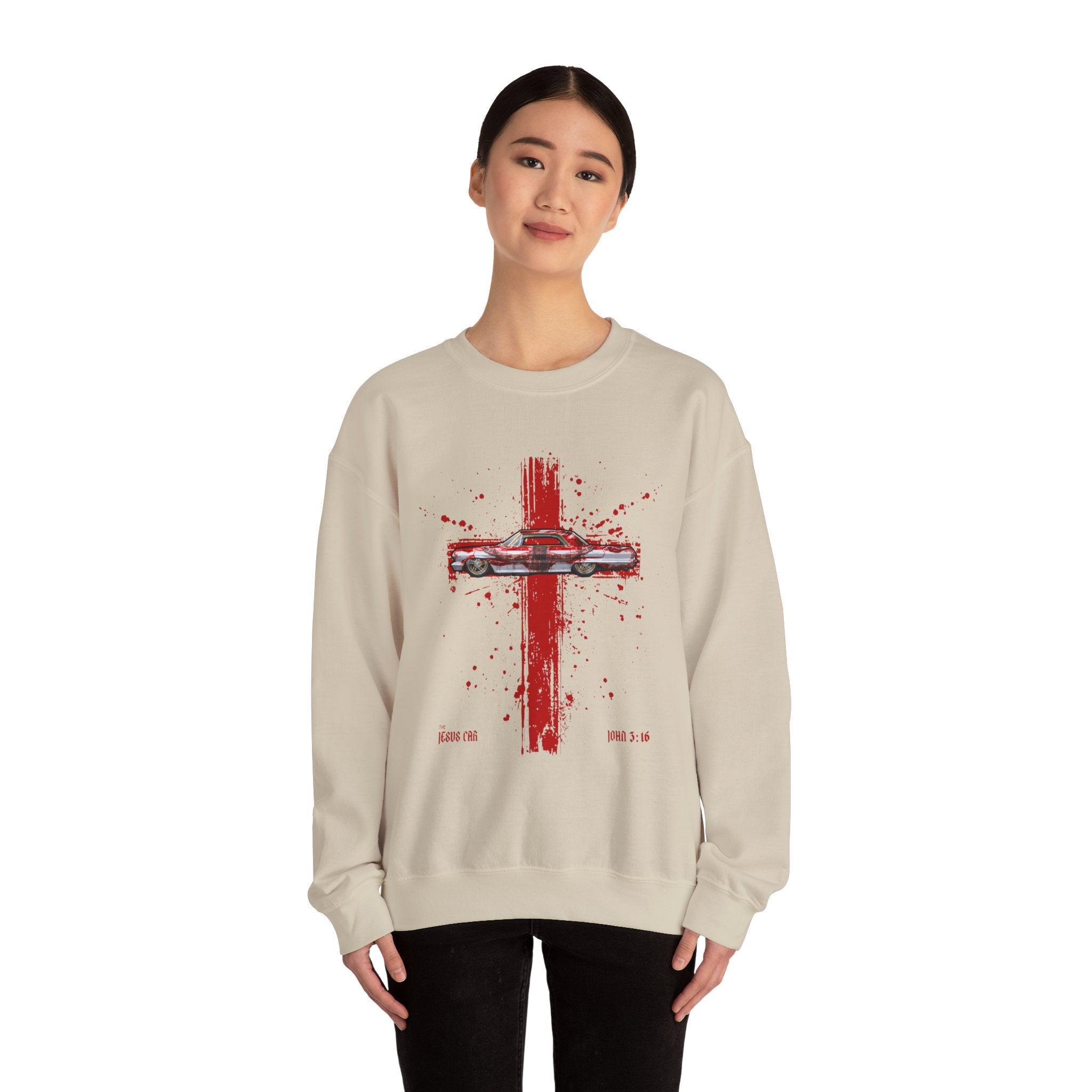 Red Cross - Jesus Car Sweatshirt, Unisex Crewneck, John 3:16, Christian Clothing, Christian Gift, Casual Wear, Faith-Based Apparel