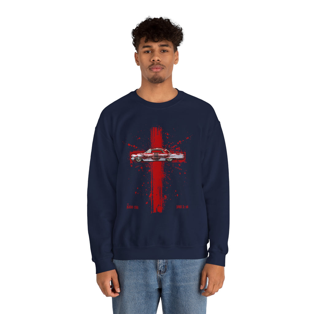 Red Cross - Jesus Car Sweatshirt, Unisex Crewneck, John 3:16, Christian Clothing, Christian Gift, Casual Wear, Faith-Based Apparel
