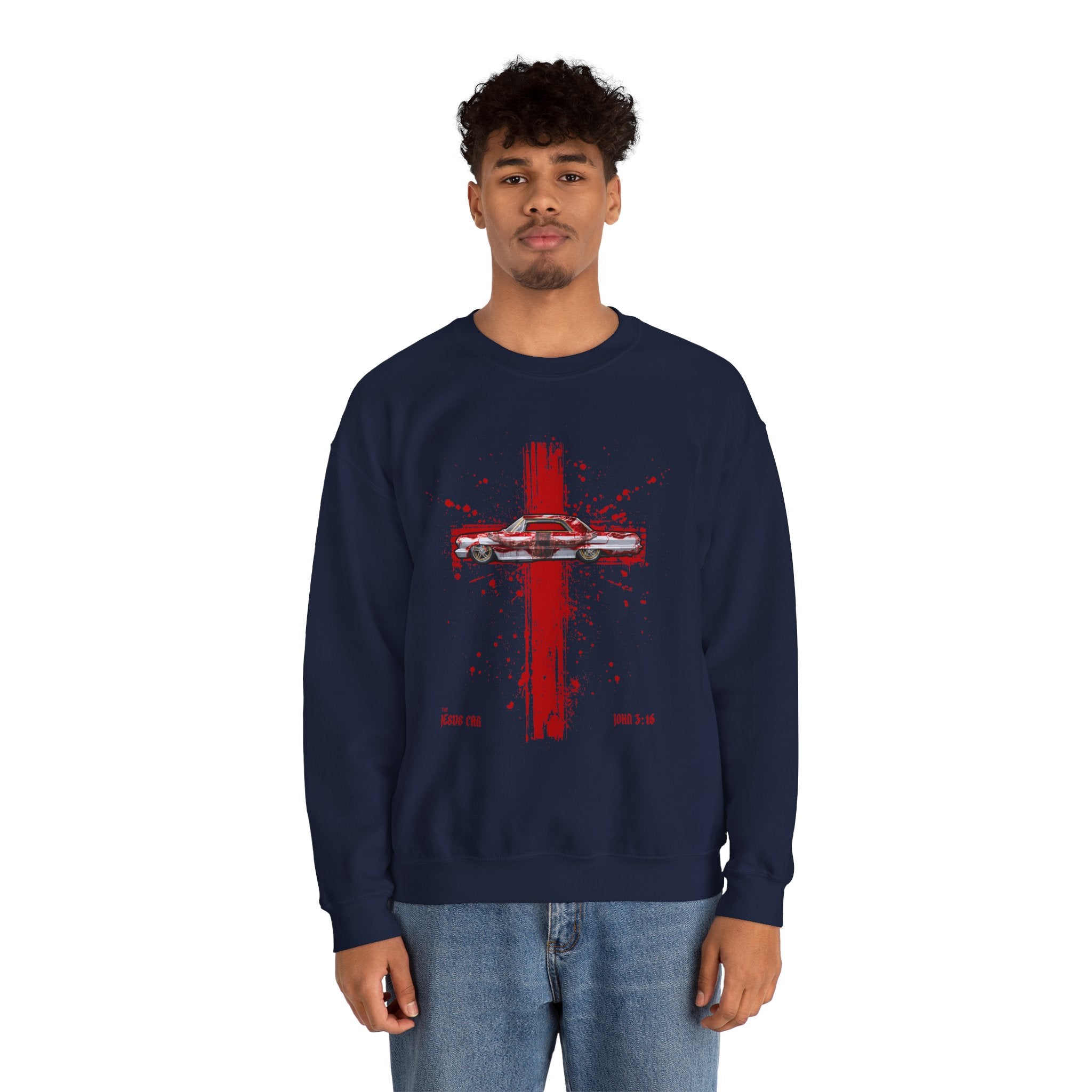 Red Cross - Jesus Car Sweatshirt, Unisex Crewneck, John 3:16, Christian Clothing, Christian Gift, Casual Wear, Faith-Based Apparel