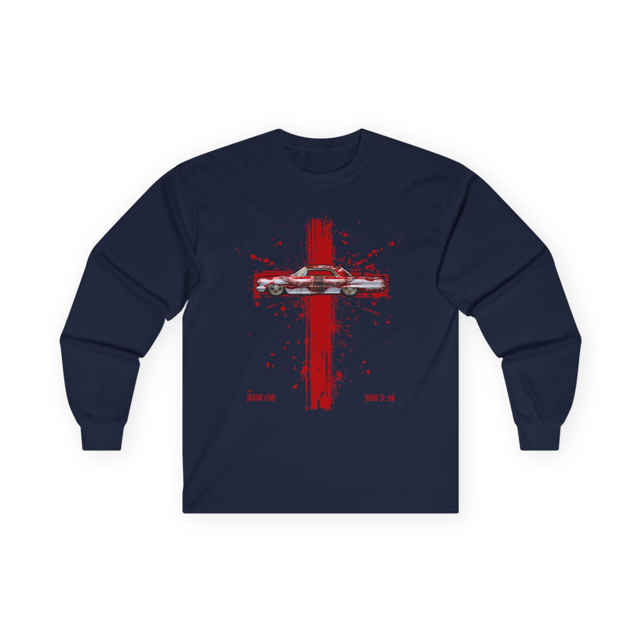 Red Cross - Jesus Car Long Sleeve Tee, John 3:16, Christian Clothing, Faith Apparel, Religious Gift