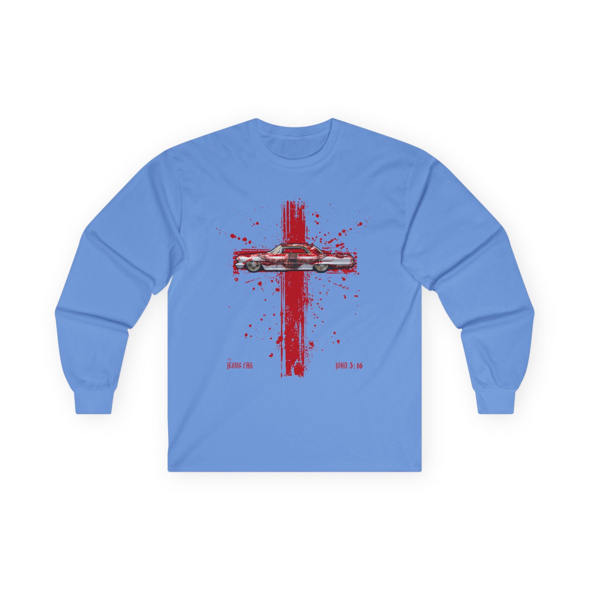 Red Cross - Jesus Car Long Sleeve Tee, John 3:16, Christian Clothing, Faith Apparel, Religious Gift