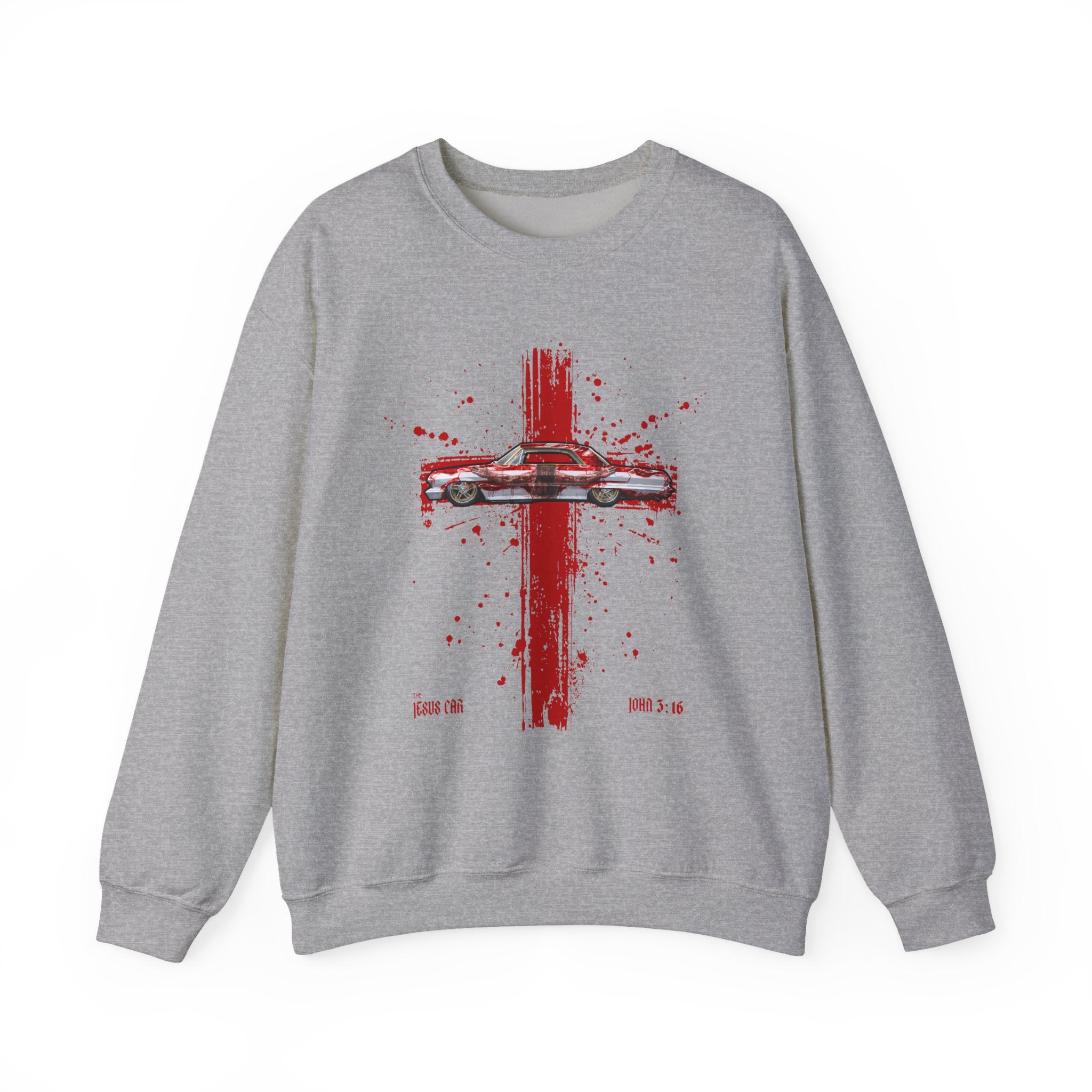 Red Cross - Jesus Car Sweatshirt, Unisex Crewneck, John 3:16, Christian Clothing, Christian Gift, Casual Wear, Faith-Based Apparel