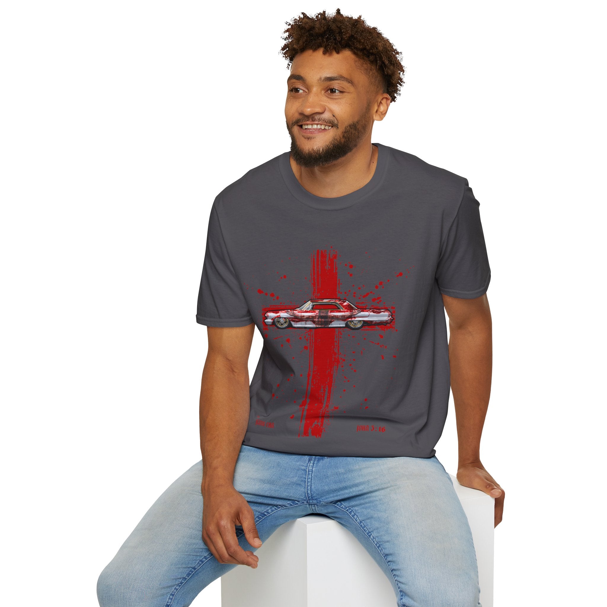 Red Cross Adult T-Shirt | Jesus Car, John 3:16, Christian Clothing, Gift for Car Lovers, Faith-Based Apparel, Jesus