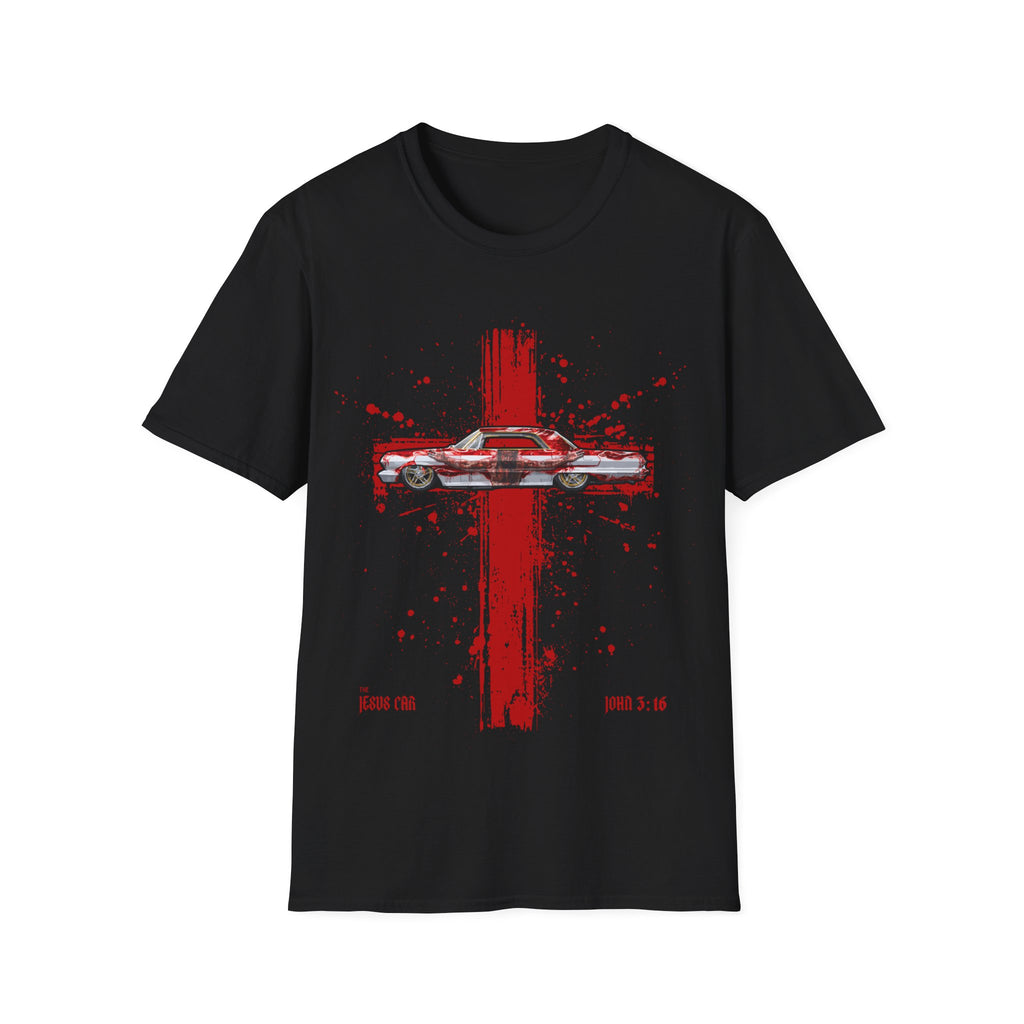 Red Cross Adult T-Shirt | Jesus Car, John 3:16, Christian Clothing, Gift for Car Lovers, Faith-Based Apparel, Jesus