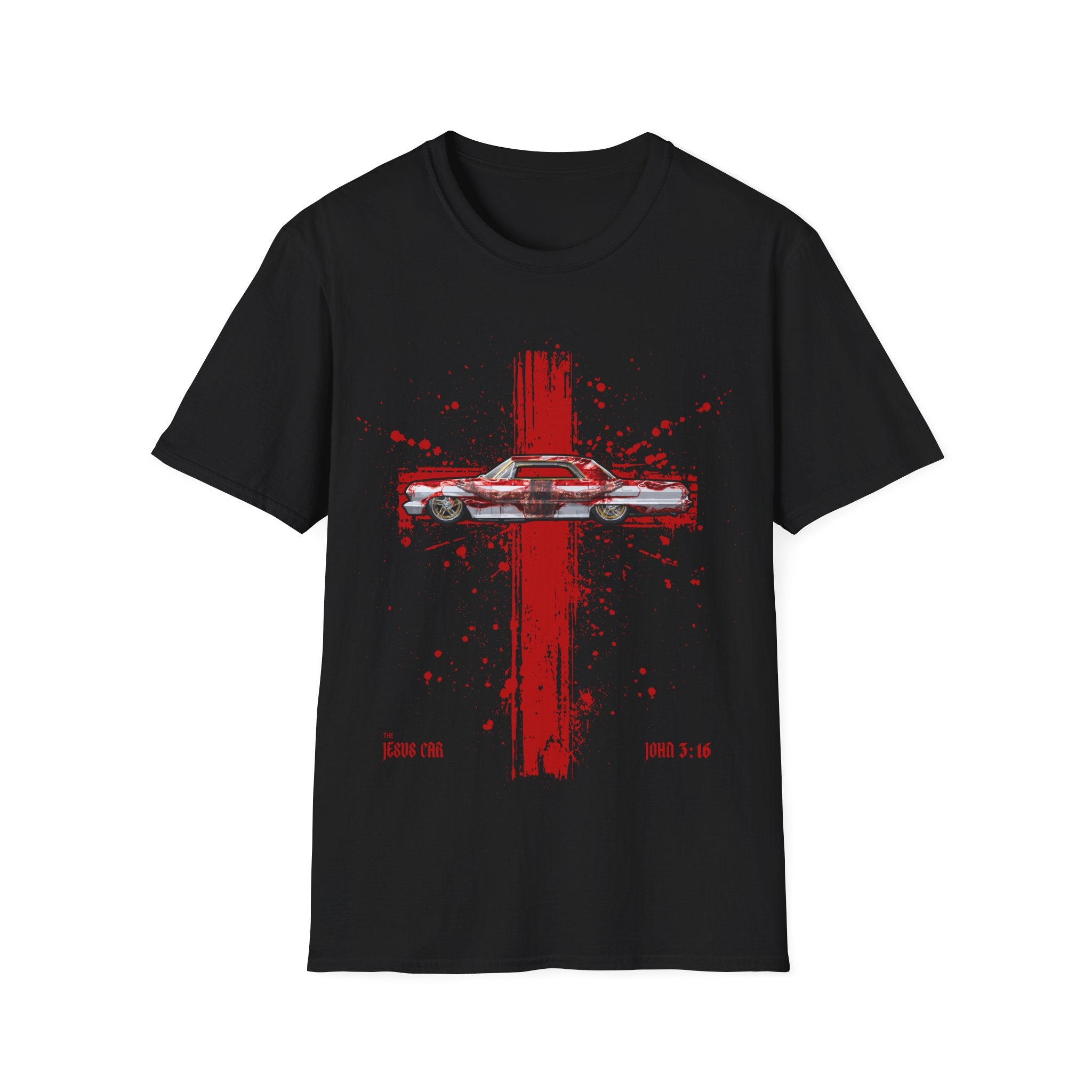 Red Cross Adult T-Shirt | Jesus Car, John 3:16, Christian Clothing, Gift for Car Lovers, Faith-Based Apparel, Jesus