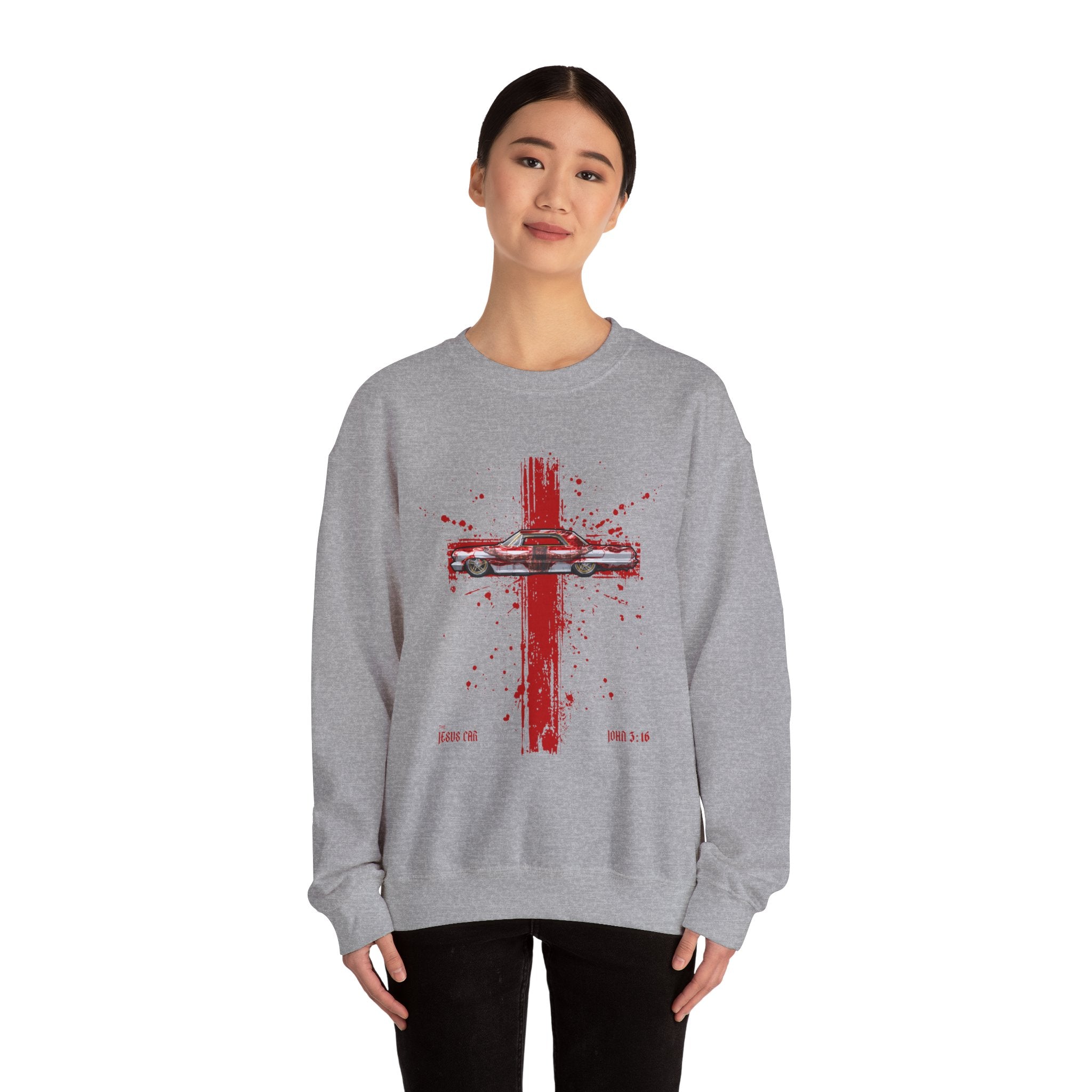 Red Cross - Jesus Car Sweatshirt, Unisex Crewneck, John 3:16, Christian Clothing, Christian Gift, Casual Wear, Faith-Based Apparel