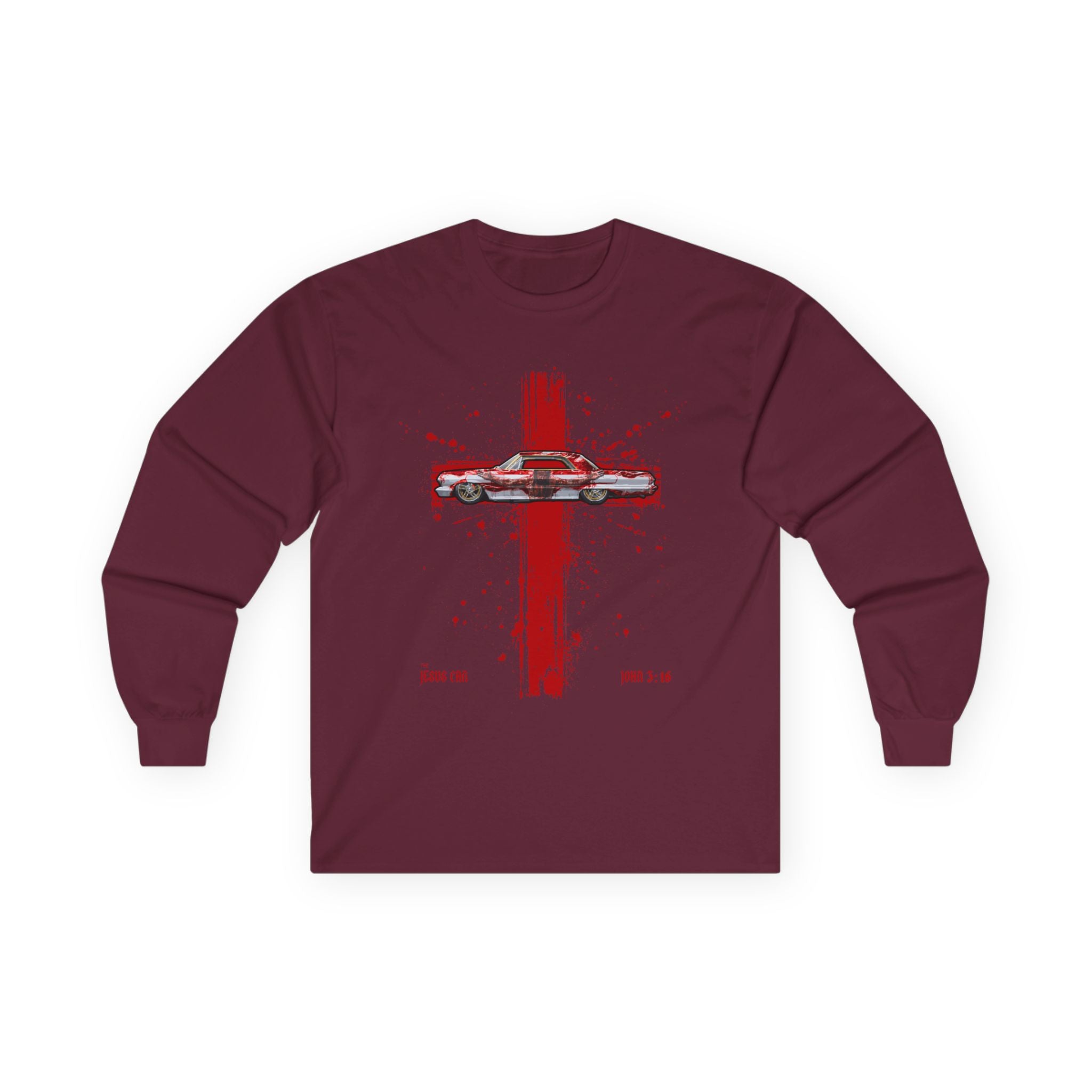Red Cross - Jesus Car Long Sleeve Tee, John 3:16, Christian Clothing, Faith Apparel, Religious Gift