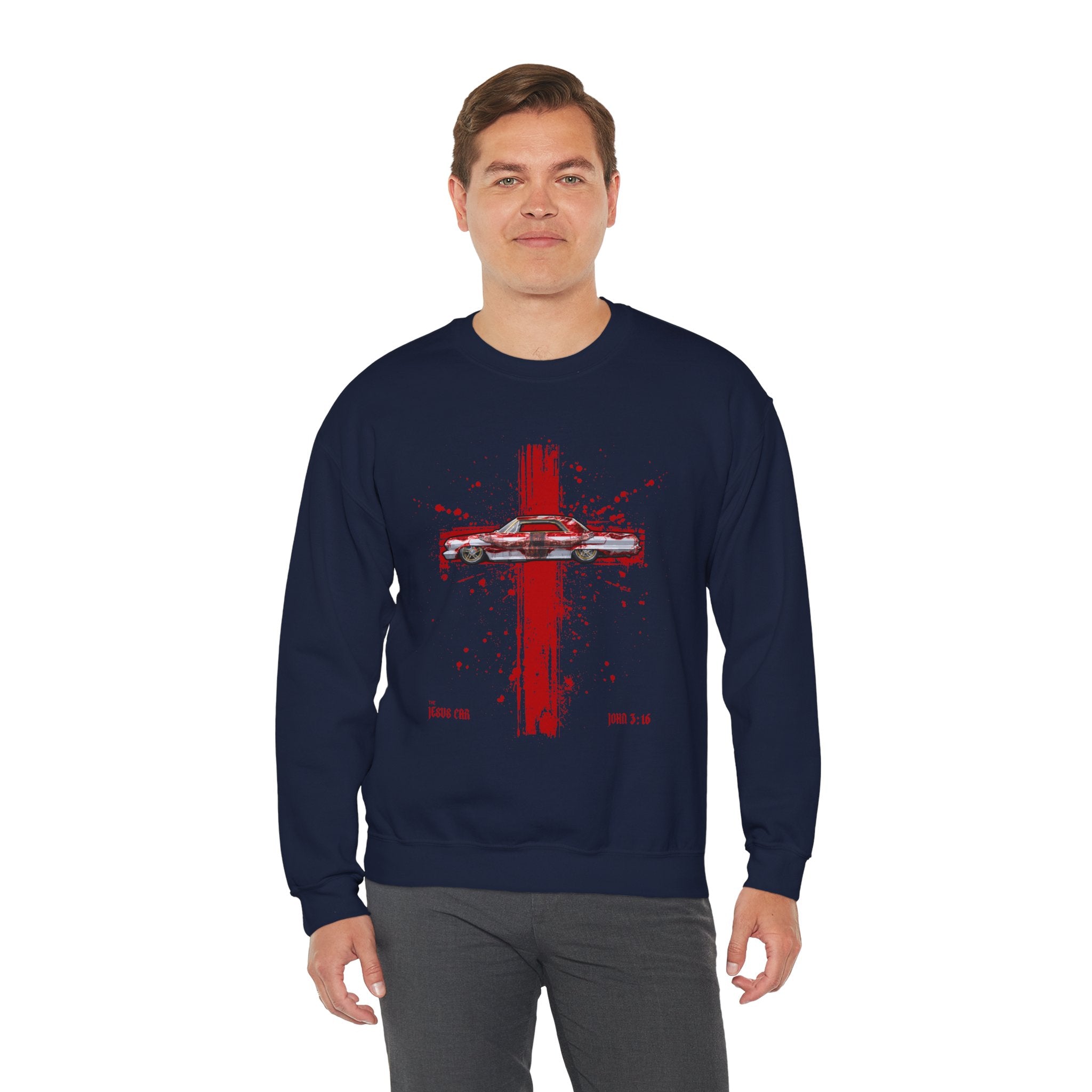 Red Cross - Jesus Car Sweatshirt, Unisex Crewneck, John 3:16, Christian Clothing, Christian Gift, Casual Wear, Faith-Based Apparel