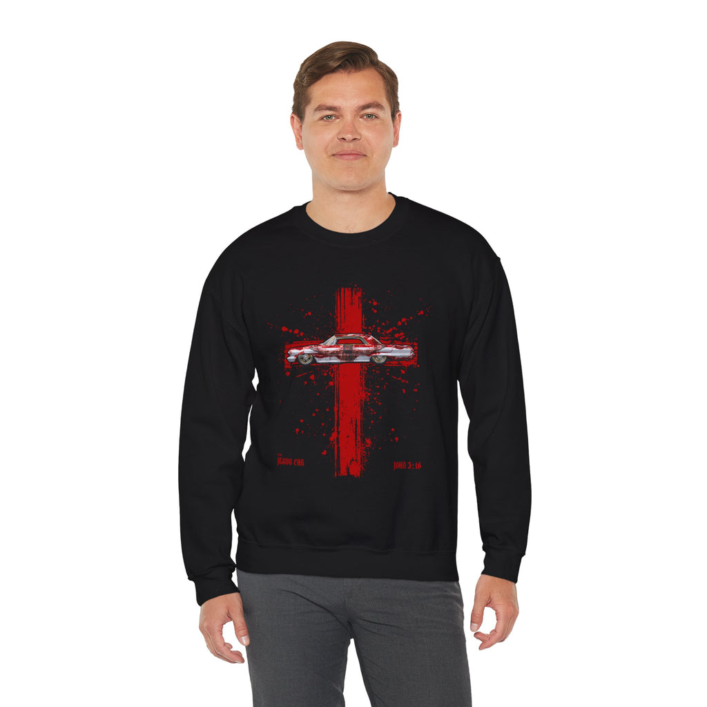 Red Cross - Jesus Car Sweatshirt, Unisex Crewneck, John 3:16, Christian Clothing, Christian Gift, Casual Wear, Faith-Based Apparel