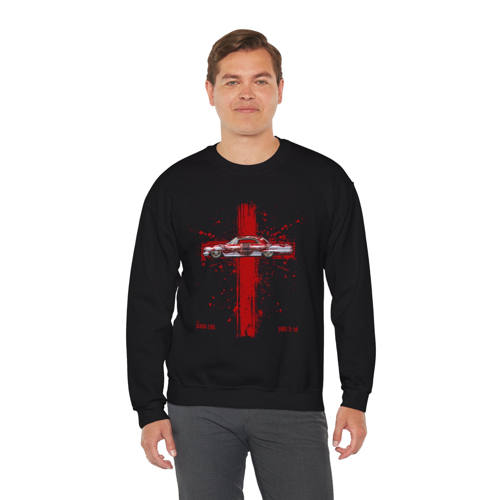 Red Cross - Jesus Car Sweatshirt, Unisex Crewneck, John 3:16, Christian Clothing, Christian Gift, Casual Wear, Faith-Based Apparel