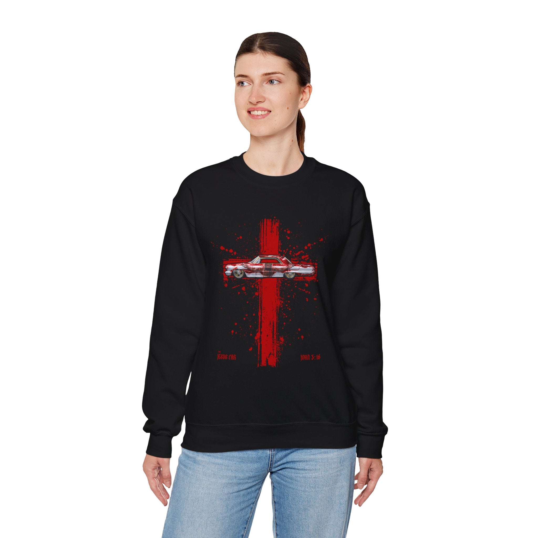 Red Cross - Jesus Car Sweatshirt, Unisex Crewneck, John 3:16, Christian Clothing, Christian Gift, Casual Wear, Faith-Based Apparel