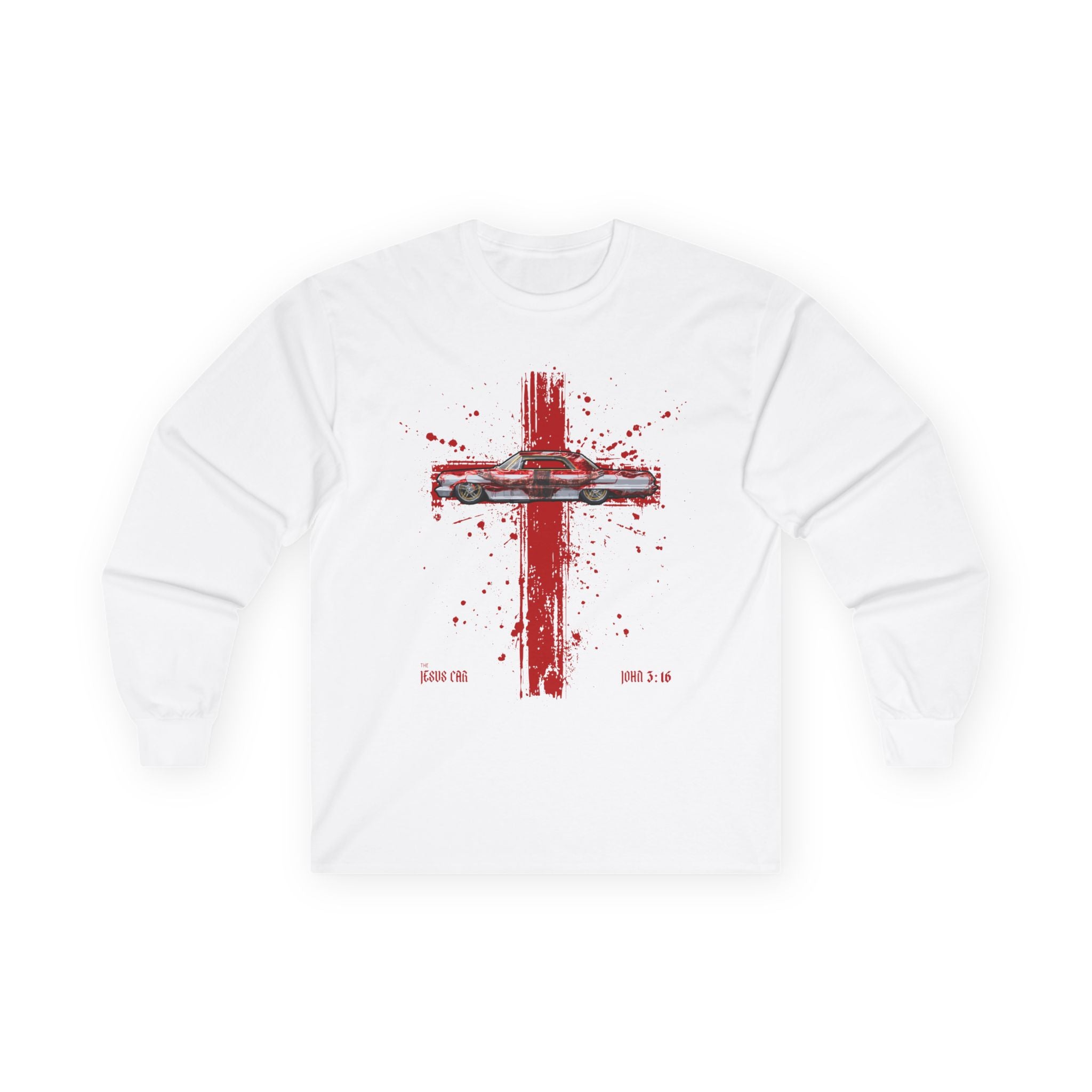 Red Cross - Jesus Car Long Sleeve Tee, John 3:16, Christian Clothing, Faith Apparel, Religious Gift