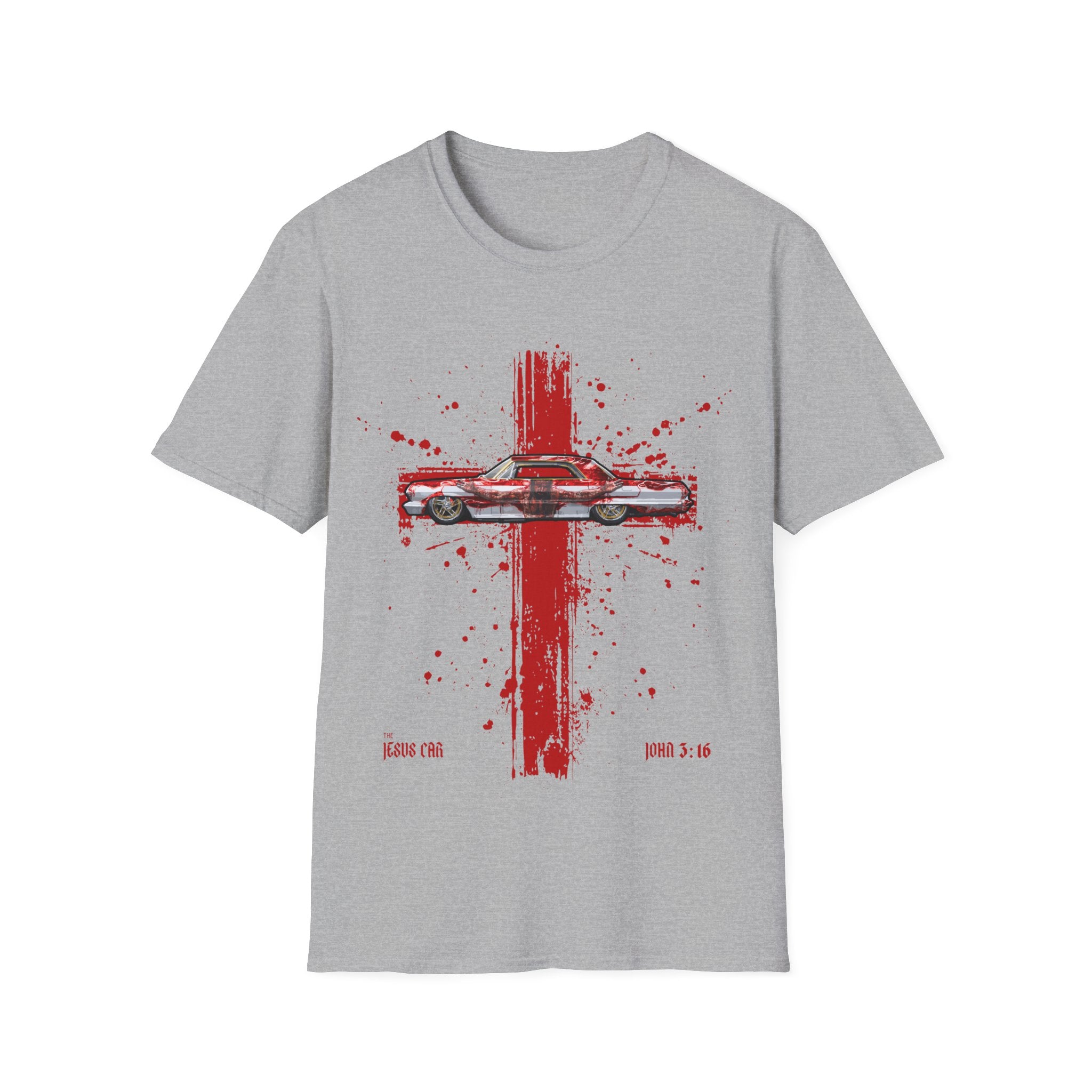 Red Cross Adult T-Shirt | Jesus Car, John 3:16, Christian Clothing, Gift for Car Lovers, Faith-Based Apparel, Jesus