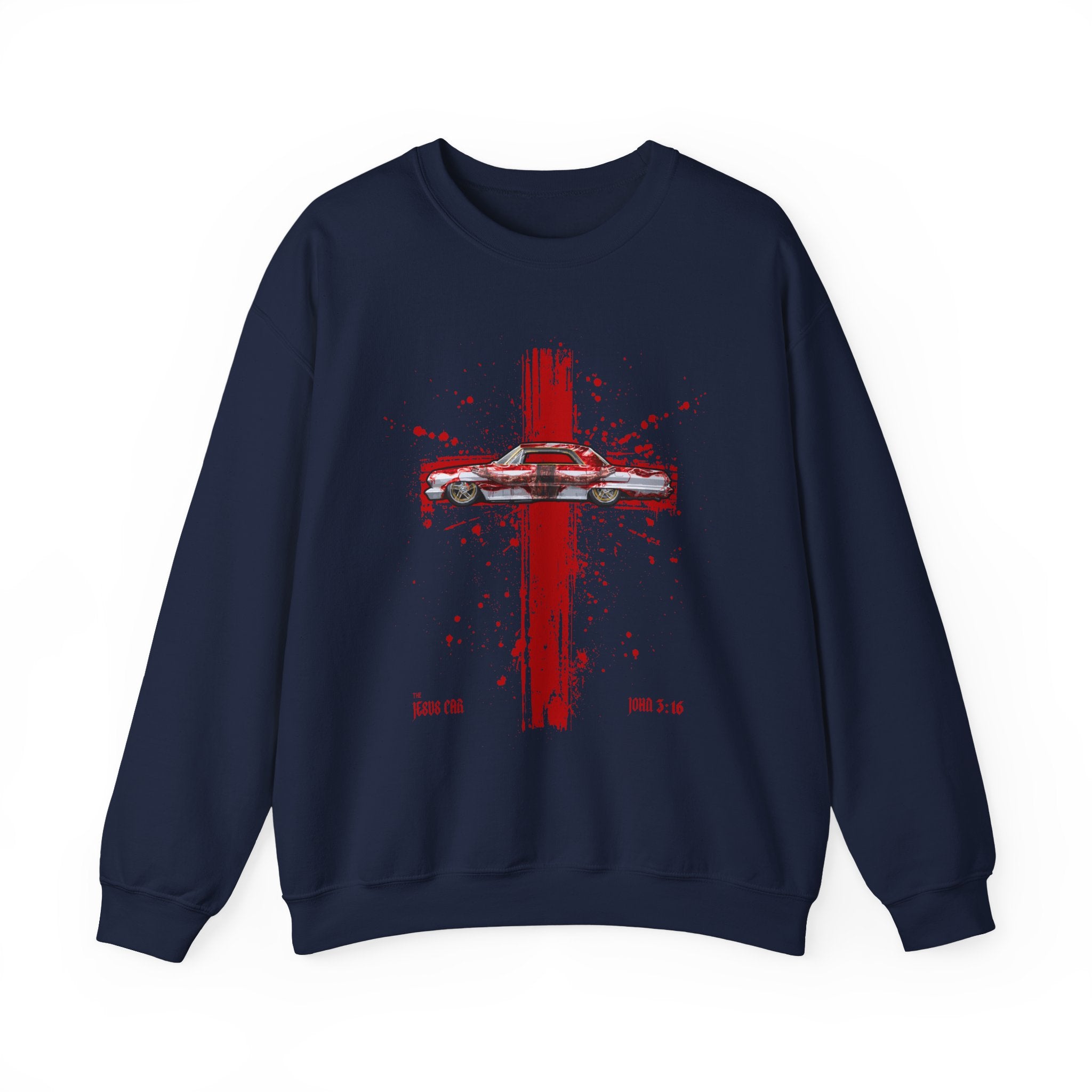 Red Cross - Jesus Car Sweatshirt, Unisex Crewneck, John 3:16, Christian Clothing, Christian Gift, Casual Wear, Faith-Based Apparel