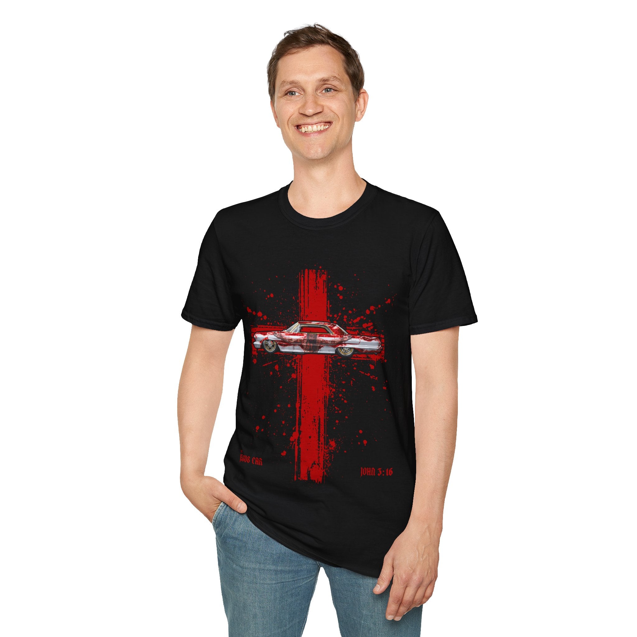 Red Cross Adult T-Shirt | Jesus Car, John 3:16, Christian Clothing, Gift for Car Lovers, Faith-Based Apparel, Jesus