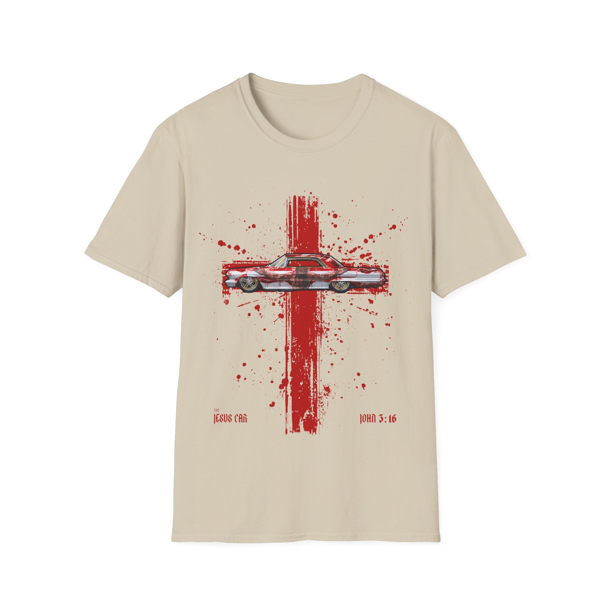 Red Cross Adult T-Shirt | Jesus Car, John 3:16, Christian Clothing, Gift for Car Lovers, Faith-Based Apparel, Jesus