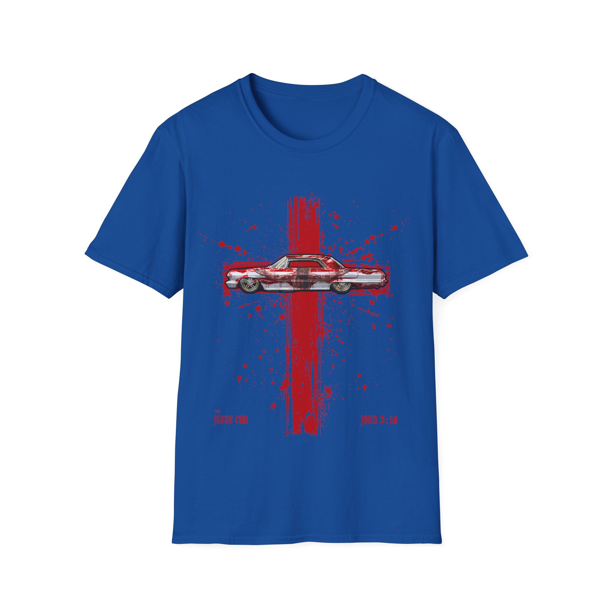 Red Cross Adult T-Shirt | Jesus Car, John 3:16, Christian Clothing, Gift for Car Lovers, Faith-Based Apparel, Jesus