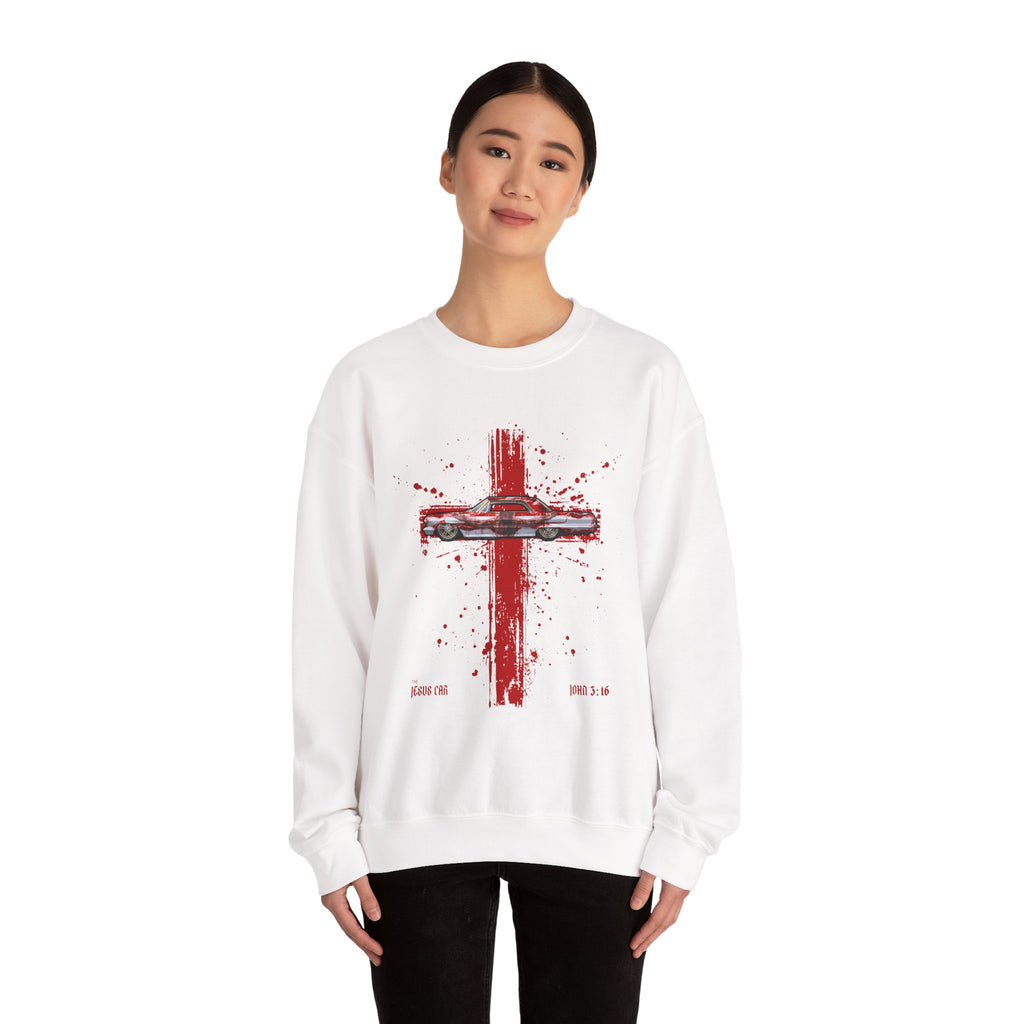Red Cross - Jesus Car Sweatshirt, Unisex Crewneck, John 3:16, Christian Clothing, Christian Gift, Casual Wear, Faith-Based Apparel
