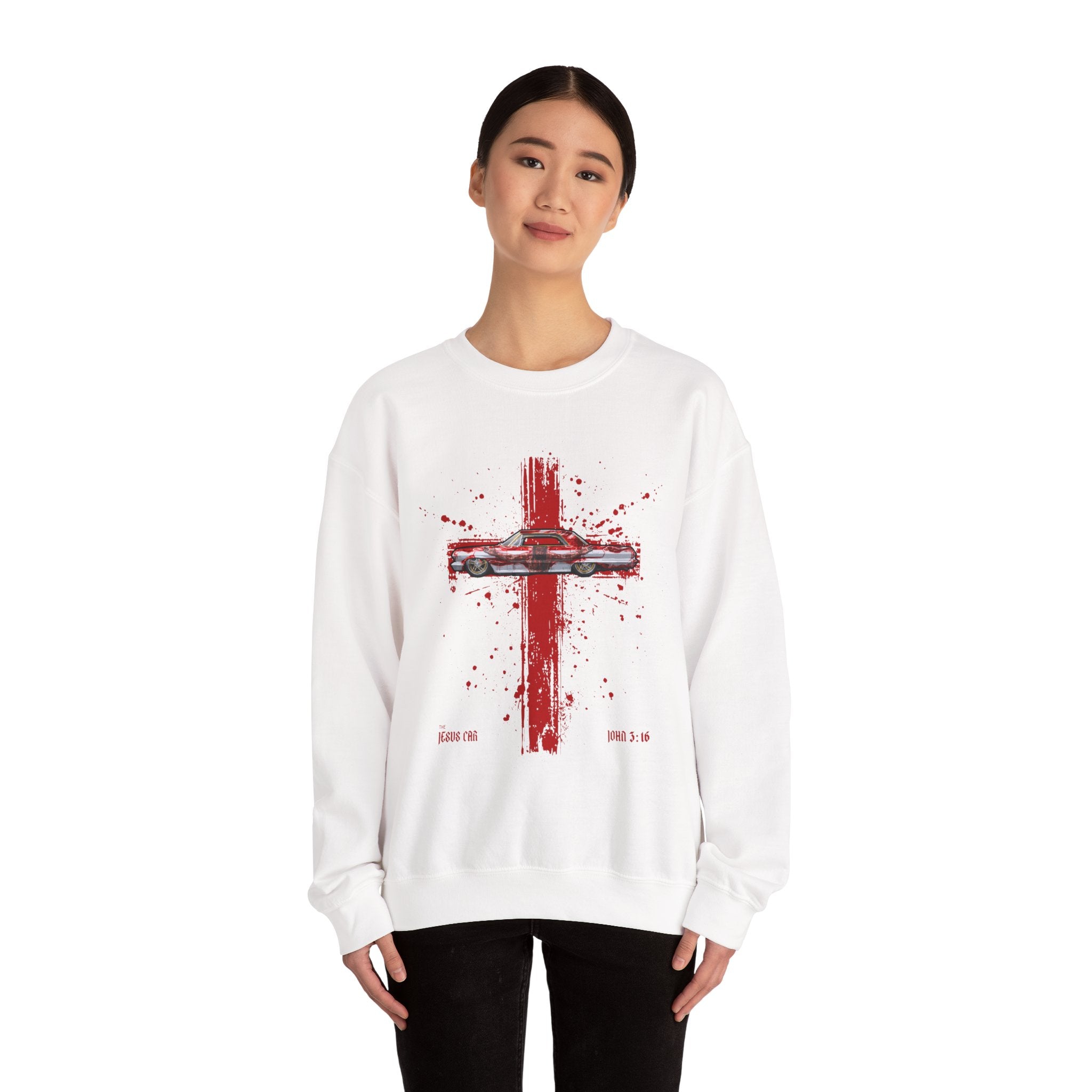 Red Cross - Jesus Car Sweatshirt, Unisex Crewneck, John 3:16, Christian Clothing, Christian Gift, Casual Wear, Faith-Based Apparel