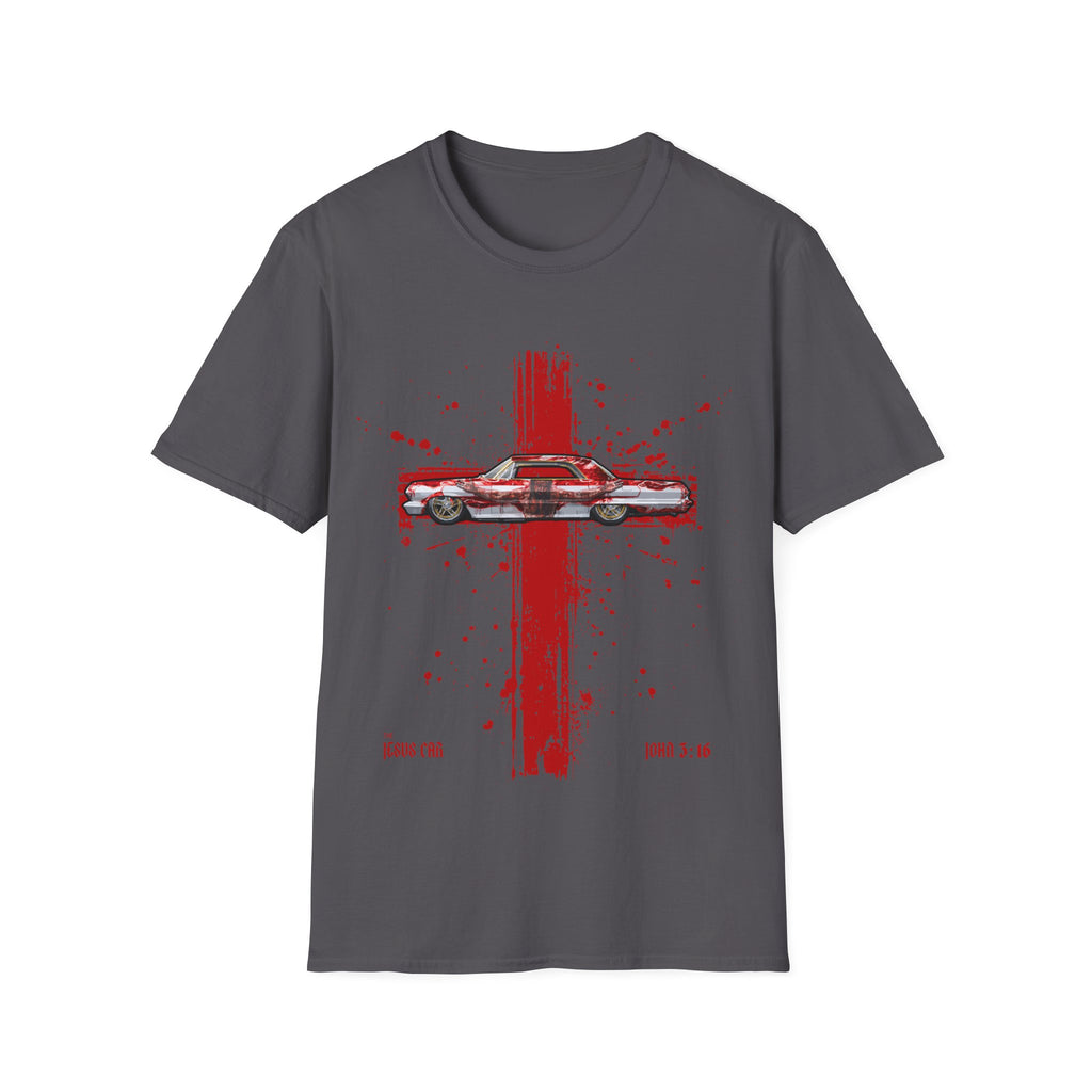 Red Cross Adult T-Shirt | Jesus Car, John 3:16, Christian Clothing, Gift for Car Lovers, Faith-Based Apparel, Jesus