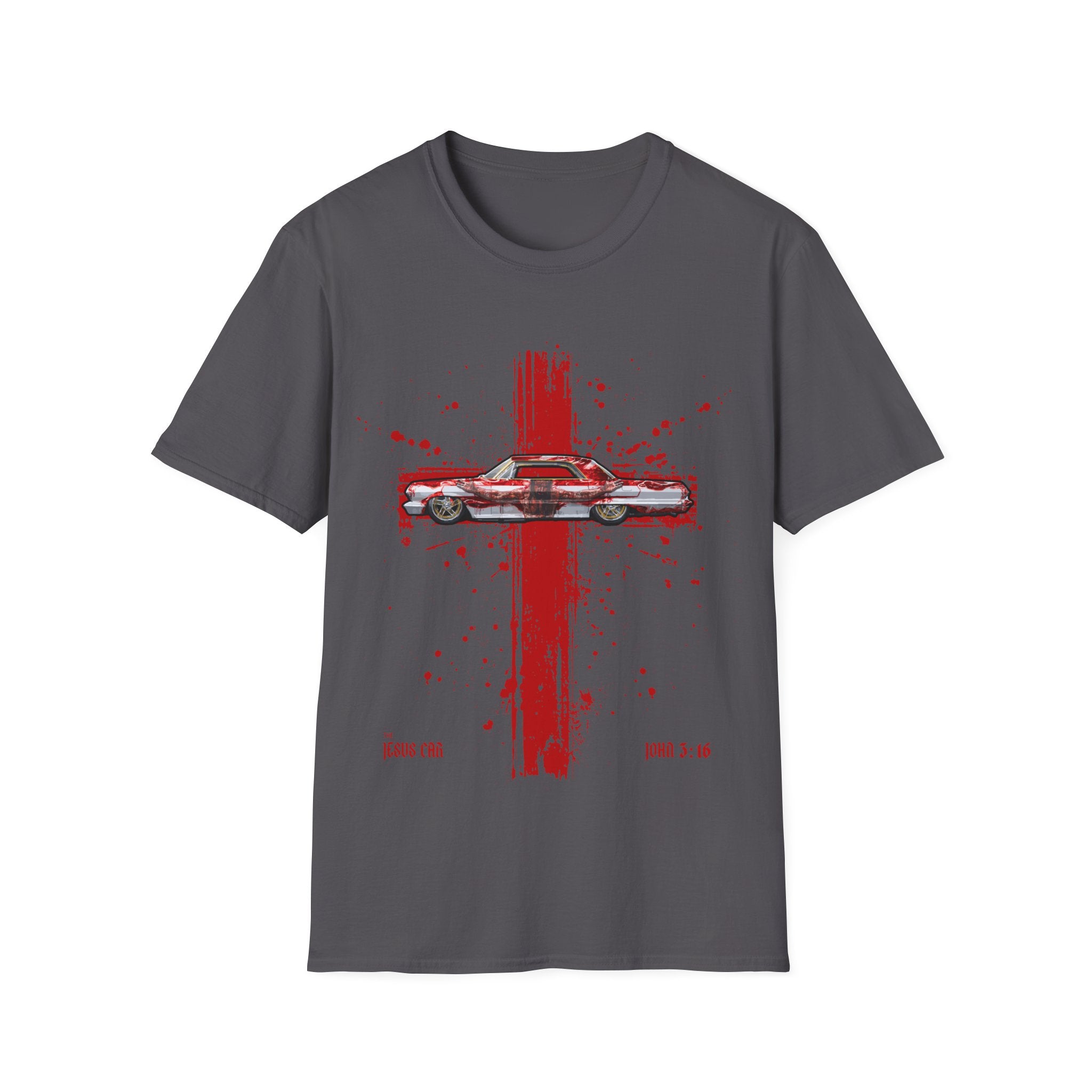 Red Cross Adult T-Shirt | Jesus Car, John 3:16, Christian Clothing, Gift for Car Lovers, Faith-Based Apparel, Jesus