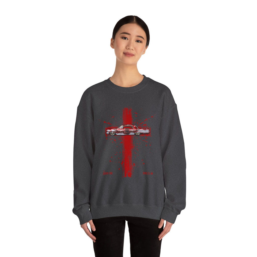 Red Cross - Jesus Car Sweatshirt, Unisex Crewneck, John 3:16, Christian Clothing, Christian Gift, Casual Wear, Faith-Based Apparel