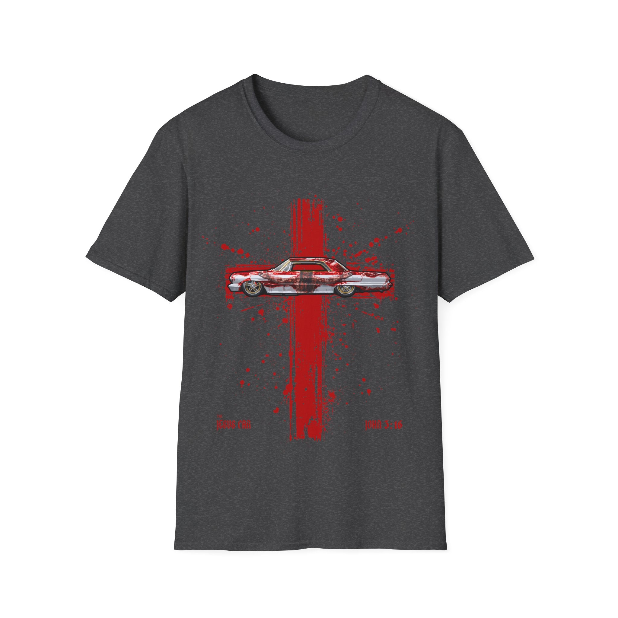 Red Cross Adult T-Shirt | Jesus Car, John 3:16, Christian Clothing, Gift for Car Lovers, Faith-Based Apparel, Jesus