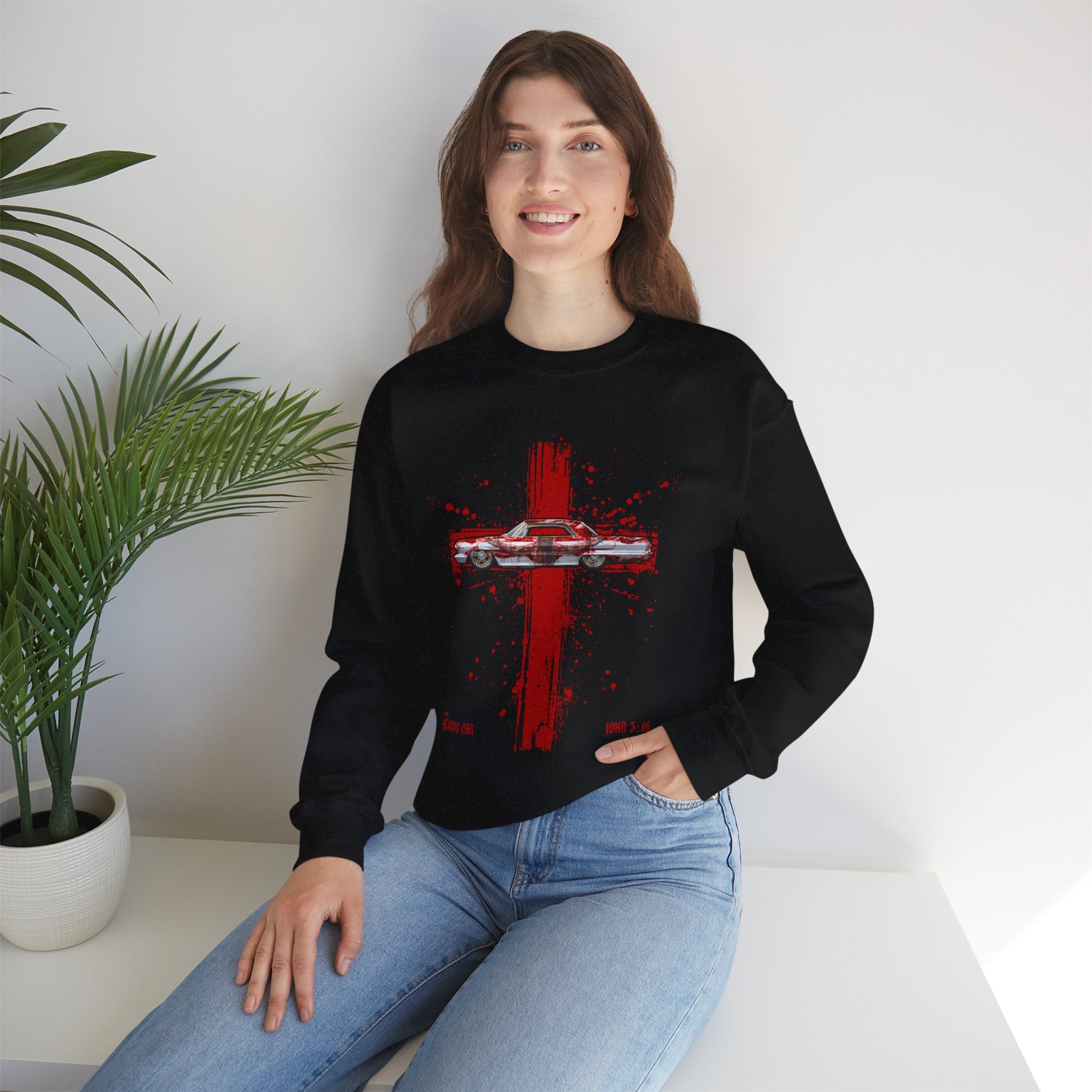 Red Cross - Jesus Car Sweatshirt, Unisex Crewneck, John 3:16, Christian Clothing, Christian Gift, Casual Wear, Faith-Based Apparel