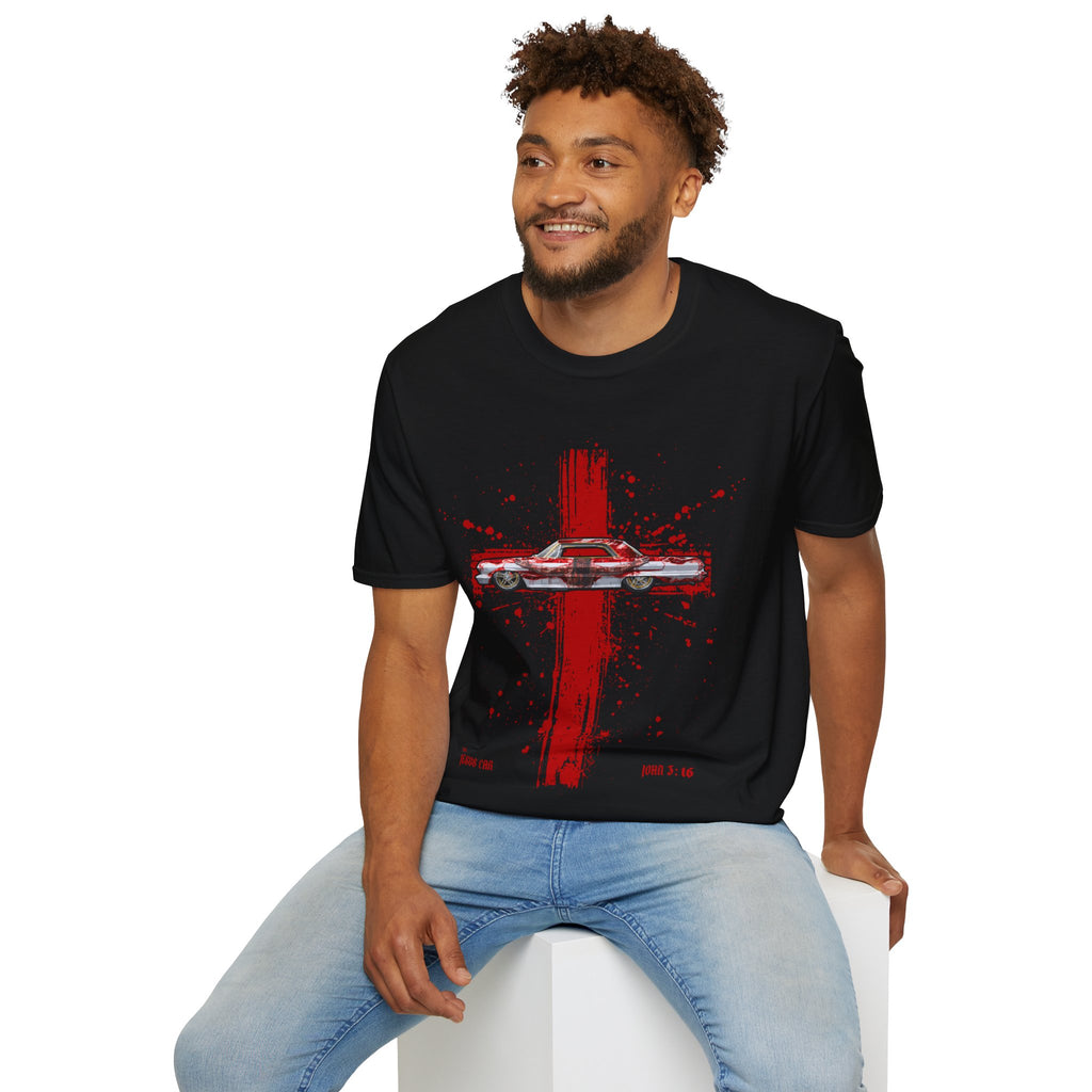Red Cross Adult T-Shirt | Jesus Car, John 3:16, Christian Clothing, Gift for Car Lovers, Faith-Based Apparel, Jesus